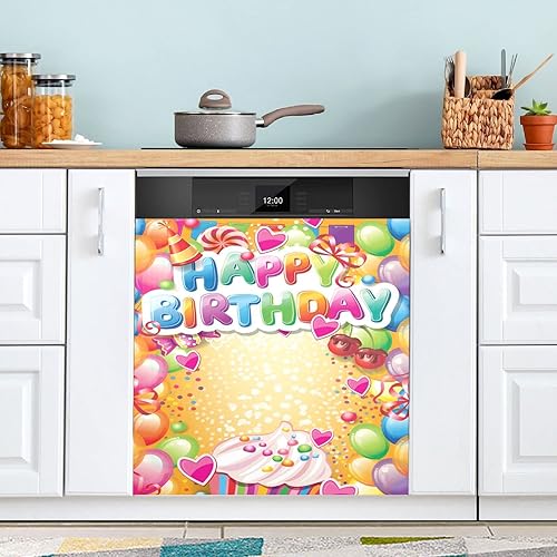 Kigai Cubierta magnética decorativa para lavavajillas con texto en inglés Happy Birthday para lavaplatos, cubierta de puerta delantera, calcomanía