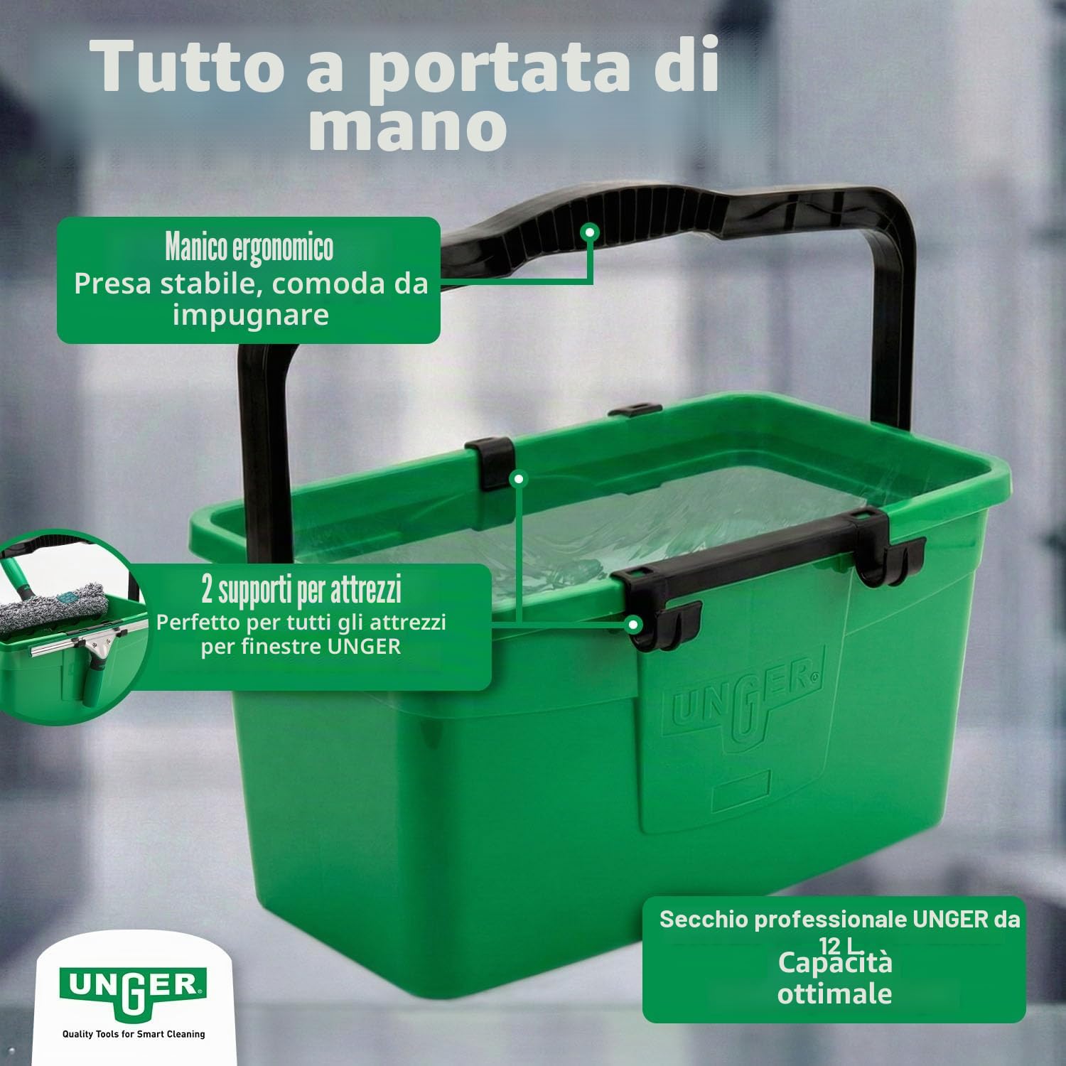 Unger Kit per la pulizia dei vetri (tergivetro, manico, copertura in microfibra, secchio da 12 L, detergente, raschietto, panno largo 35 cm) AK015