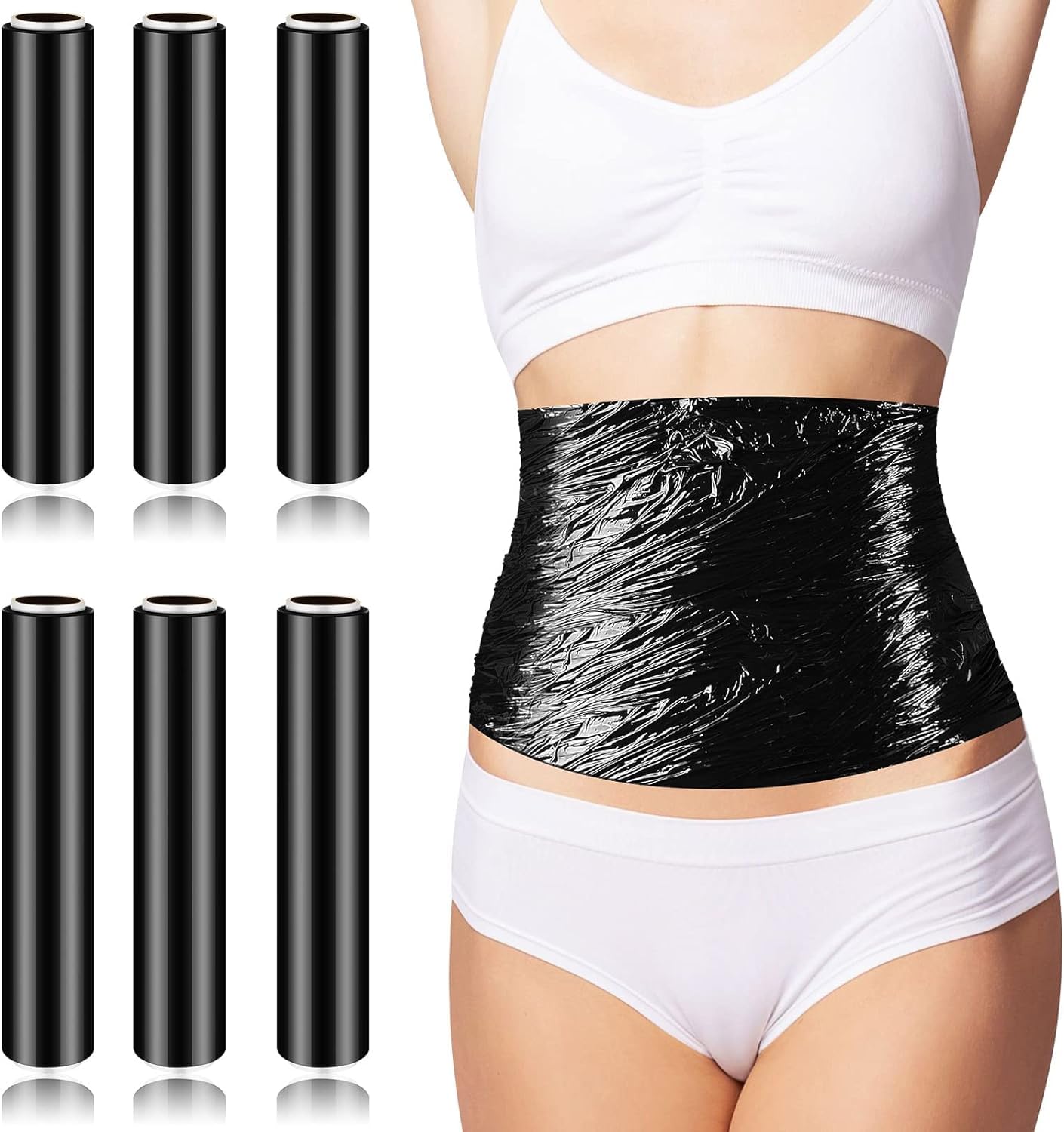 6 Rolls 60 Meters Osmotic Plastic Body Wrap Workout Sweat Enhancer Stomach Wrap Stomach Wraps for Weight Loss Slimming Body Wrap Film for Women Men Trainer Waist Belly Reduces Cellulite (Black)