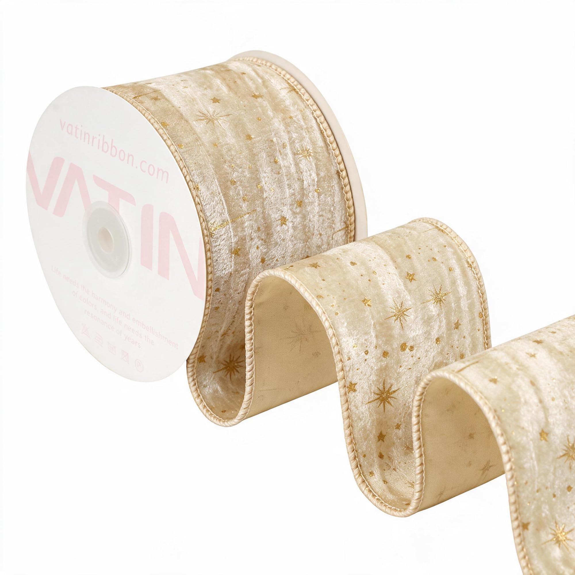 VATIN Gold Pleated Velvet Gold Starburst Wired Ribbon, 65 MM x 9 M