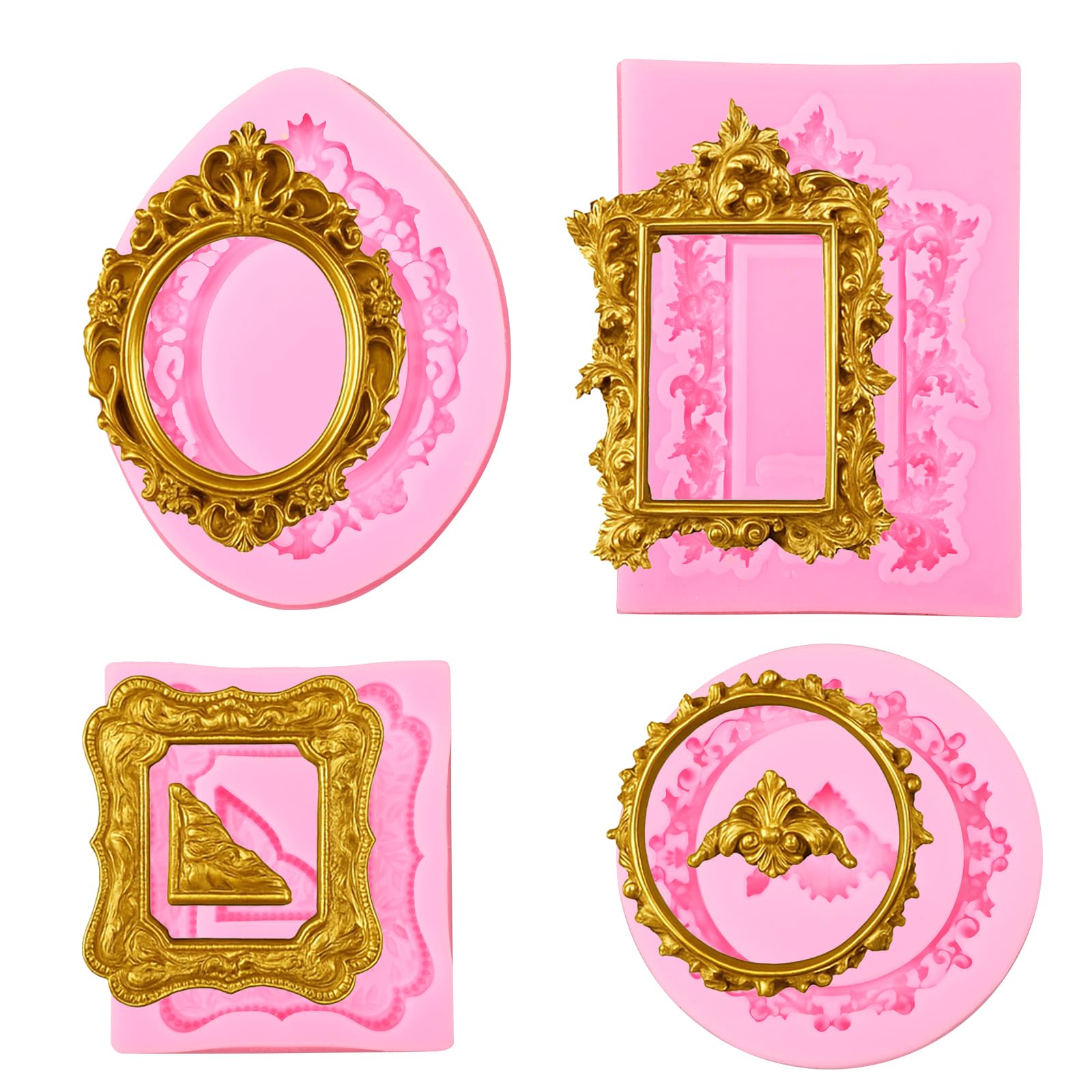 Muiltvoe 4PCS Frame Fondant Silicone Molds, Baroque Vintage Frame Fondant Molds for Chocolate Candy Polymer Clay Cupcake Topper Air Dry Clay Crafts