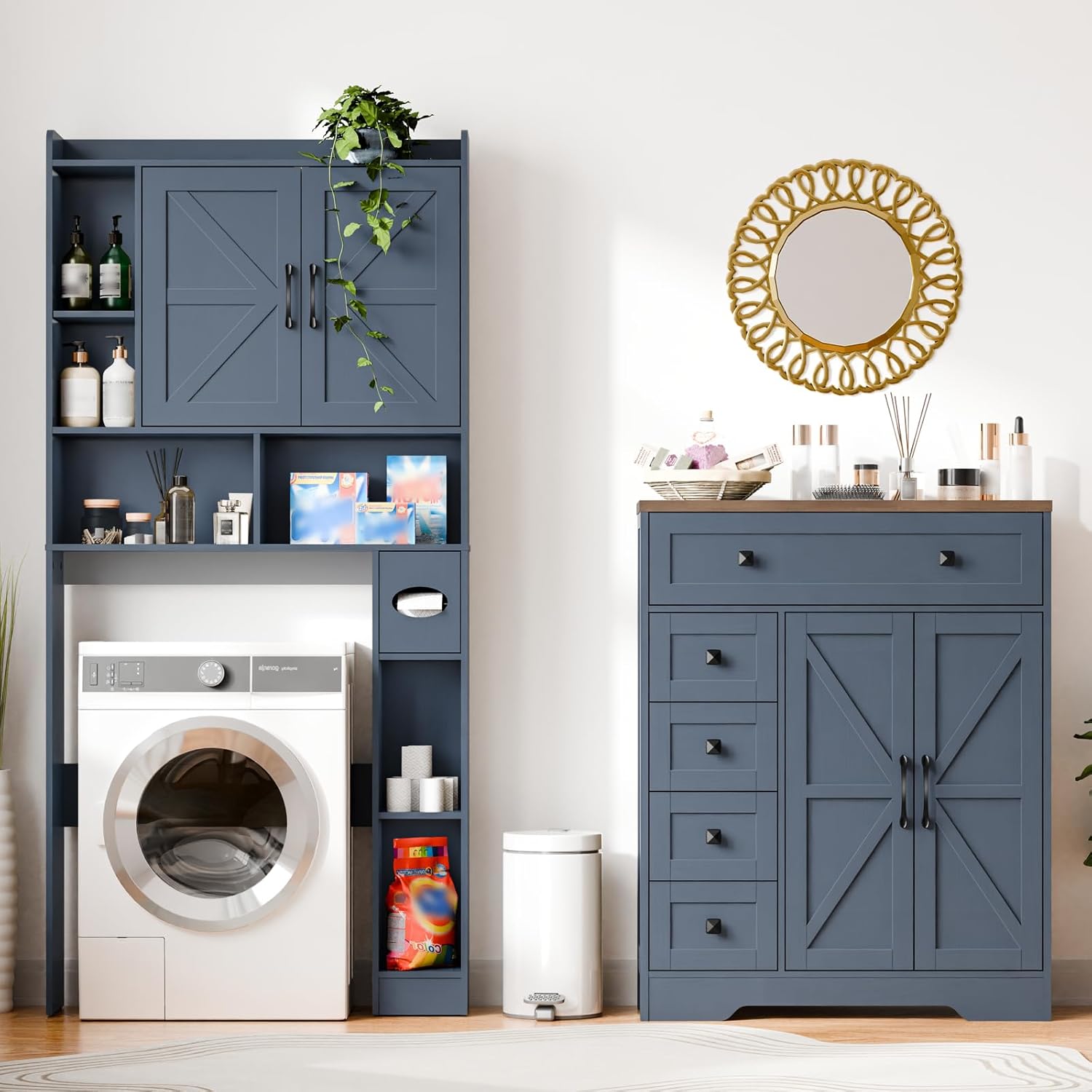 Vabches Farmhouse Storage Cabinet with 2 Doors and 5 Drawers, Freestanding Bathroom Cabinets Kitchen Pantry, Floor Storage Cabinet Hutch Cupboard for Living Room/Bathroom/Kitchen.Blue