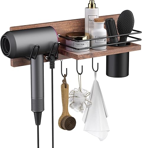 Soporte de madera para secador de pelo montado en la pared, organizador de herramientas de pelo de baño, estante de soporte para secador, rizador y