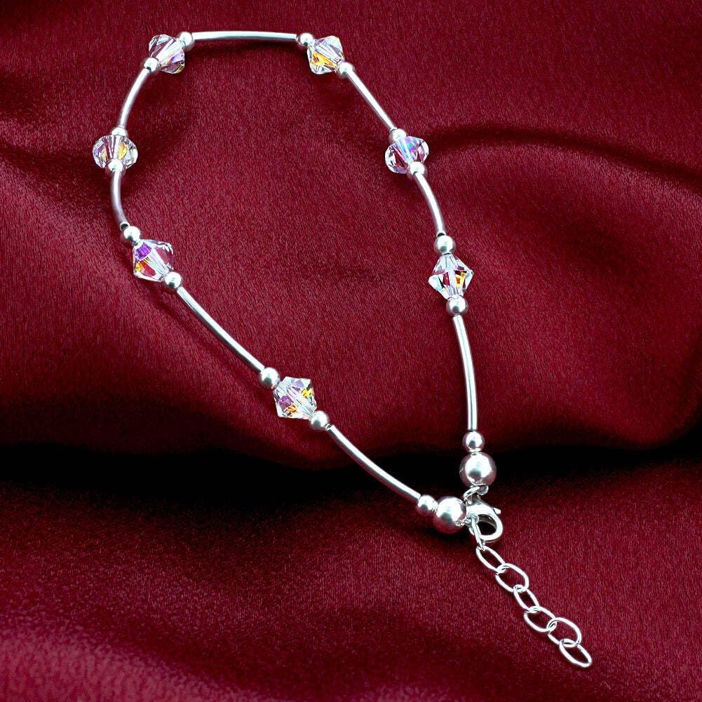 Gem Avenue .925 Silver Ankle Bracelet Anklet with Bicone Austrian Crystals - Clear