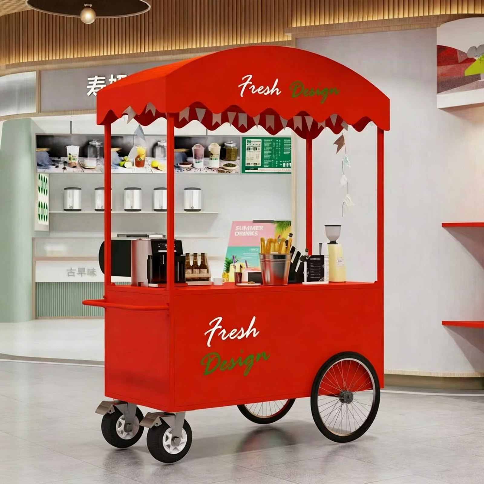 Carrito de Venta Ambulante Exterior con Techo Curvo, Carro de Comida con Amplia Superficie y Almacenamiento para Eventos(Red,L 100CM/39.4IN)