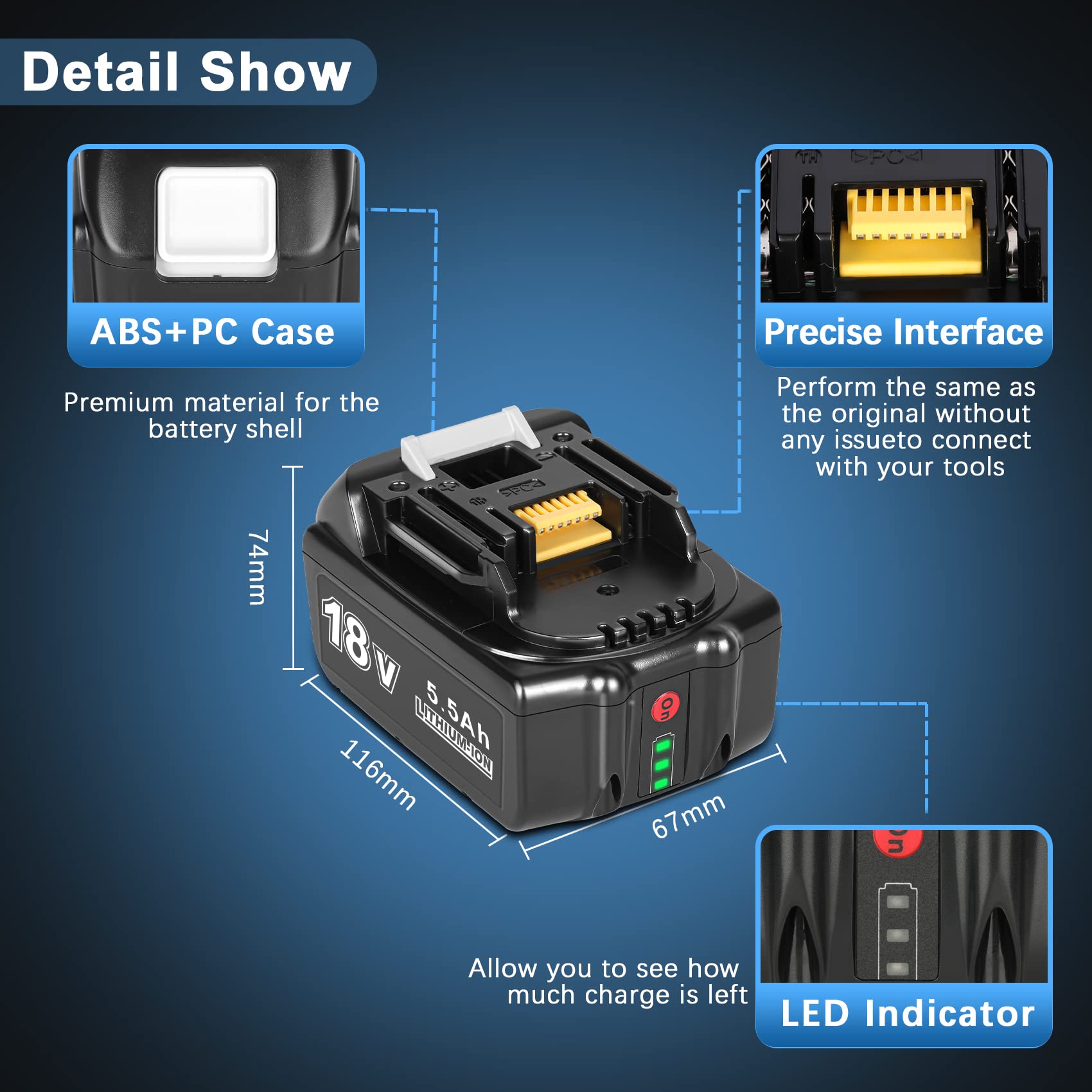 JYJZPB 2X BL1850B Batería 5.5Ah + Cargador DC18RD 4A Compatible para Makita,14.4V-18V Cargador Rápido Makita 18V Bateria BL1850 BL1845 BL1840 BL1830 BL1830B