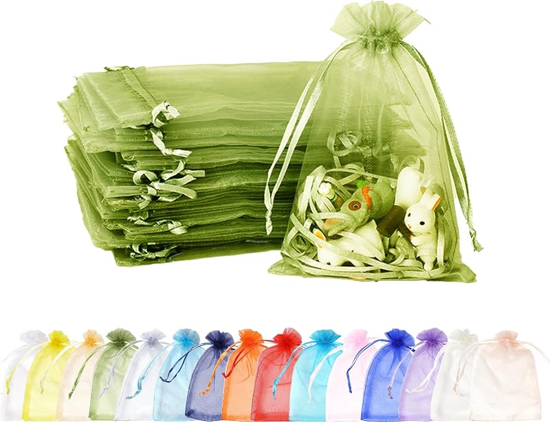 MORAINJAY Organza Ajándéktasak Szett 100 db - Katonazöld, 9x12 cm, Zsinóros Ékszertasakok Esküvőre, Születésnapra, Karácsonyra, Levendulához