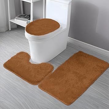 3 Piece Bath Rugs Set, Thickened Bathroom Rug Set Includes Bath Rug, Contour Mat, Toilet Seat Cover Soft Microfiber Bath Absorbent Mats with Non-Slip Rubber Backing Solid Color Khaki