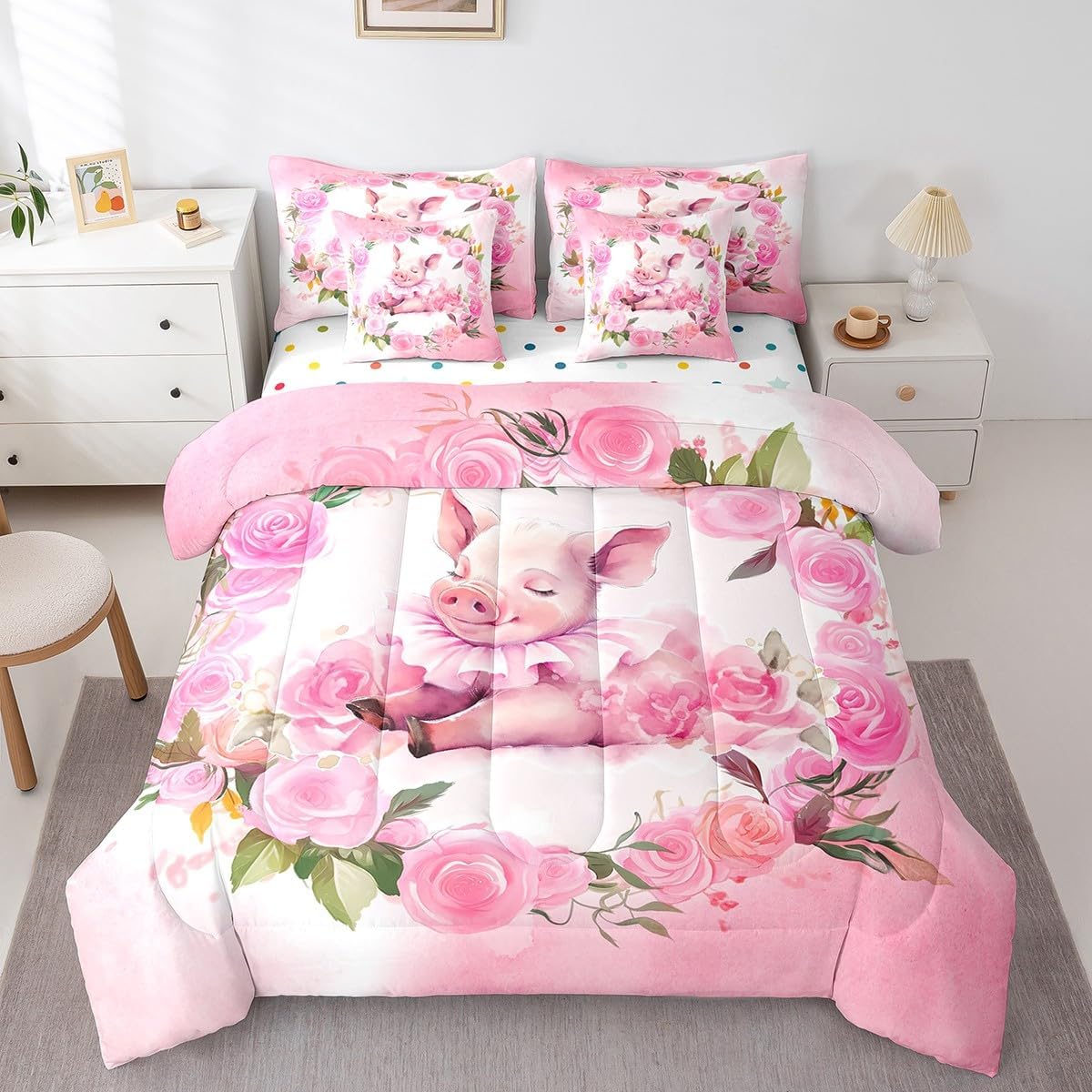 Kids Cute Elephant Bed in a Bag 7pcs Pink Cherry Blossoms Bedding Set, Blue Animal Full Size Comforter Set Rose Floral Bedding Comforter Sets, Botanical Bed Set Flower Blossoms Decor for Girls Boys