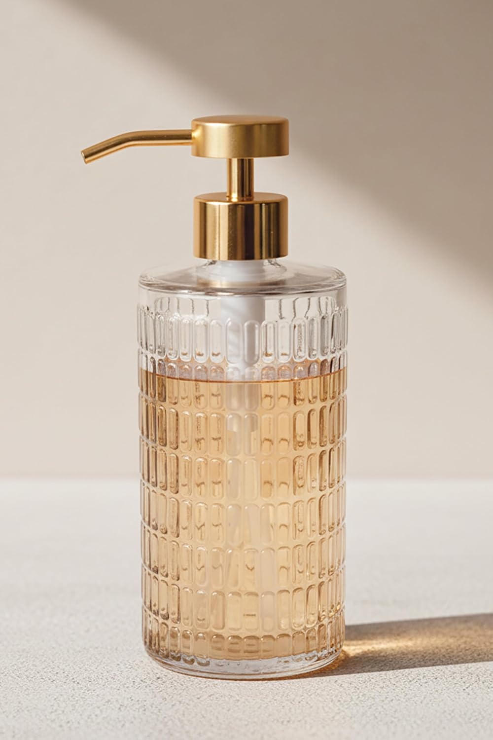 Elegant Fluted Glass Soap Dispenser with Stainless Steel Pump, 17oz Vintage Art Deco Style Clear Ribbed Glass Bottle for Bathroom, Dish Soap Dispenser for Kitchen (Gold Pump)