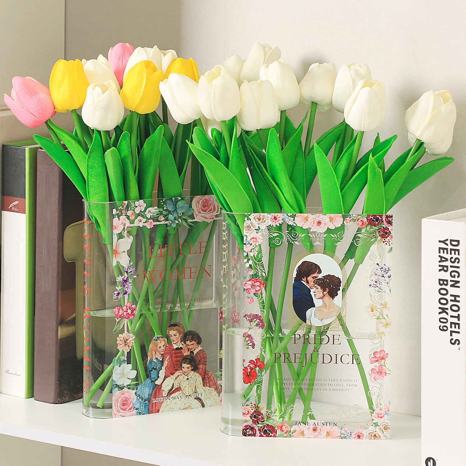 KRYSTHIA Book Vases Set of 2, Book Vase for Flowers, Acrylic Book Shaped Vase for Tulips, Small Unique Vases, Modern Book Lover Gift for Office, Living Room, Bedroom, Bookshelf, Dining Table