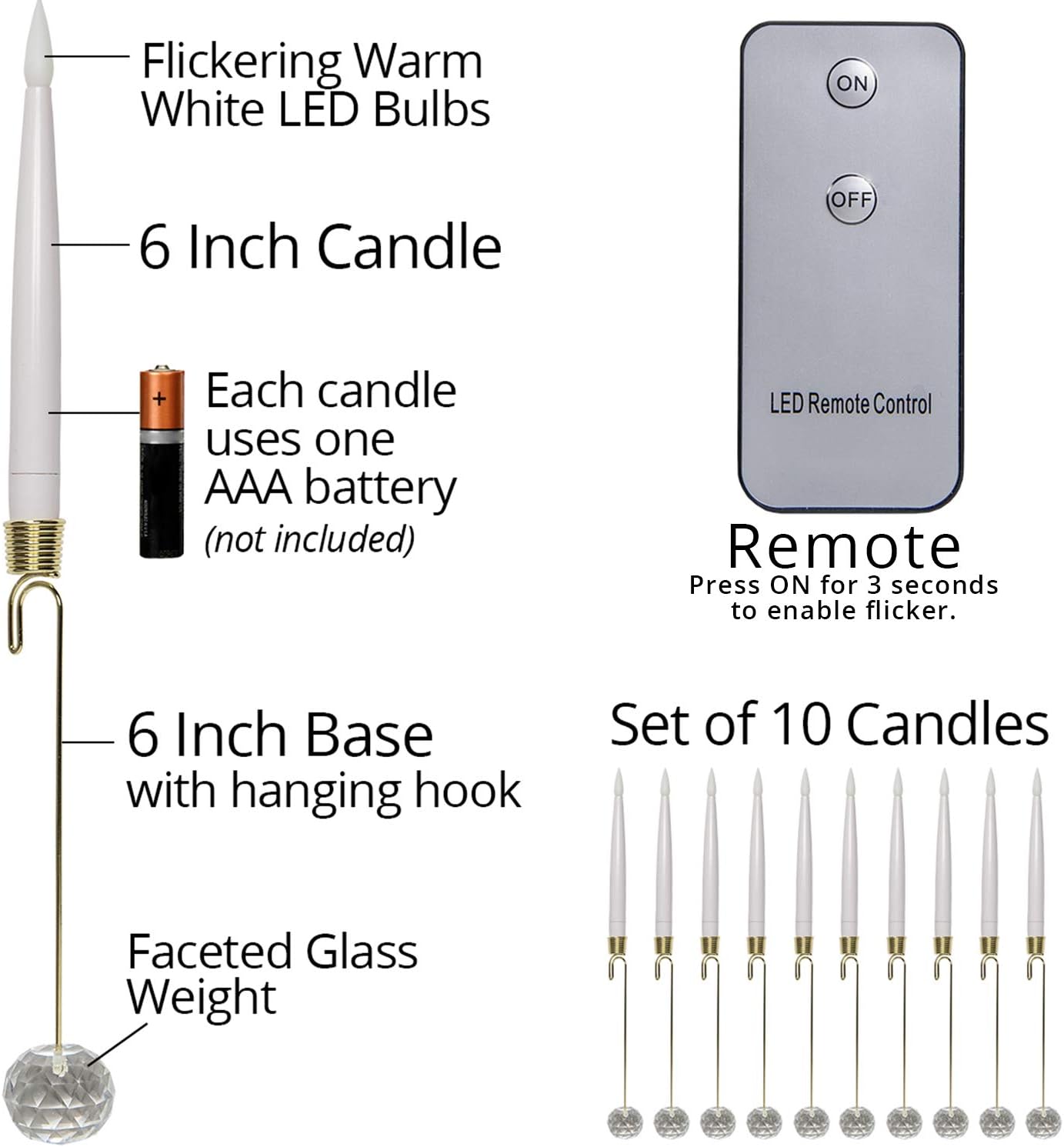 Wintergreen Lighting Flameless Electric LED Candles – Christmas Tree Lights – Taper Christmas Candles, Battery Operated, Remote Controlled, Set of 10 (6" Taper Candle with 6" Weight, White)