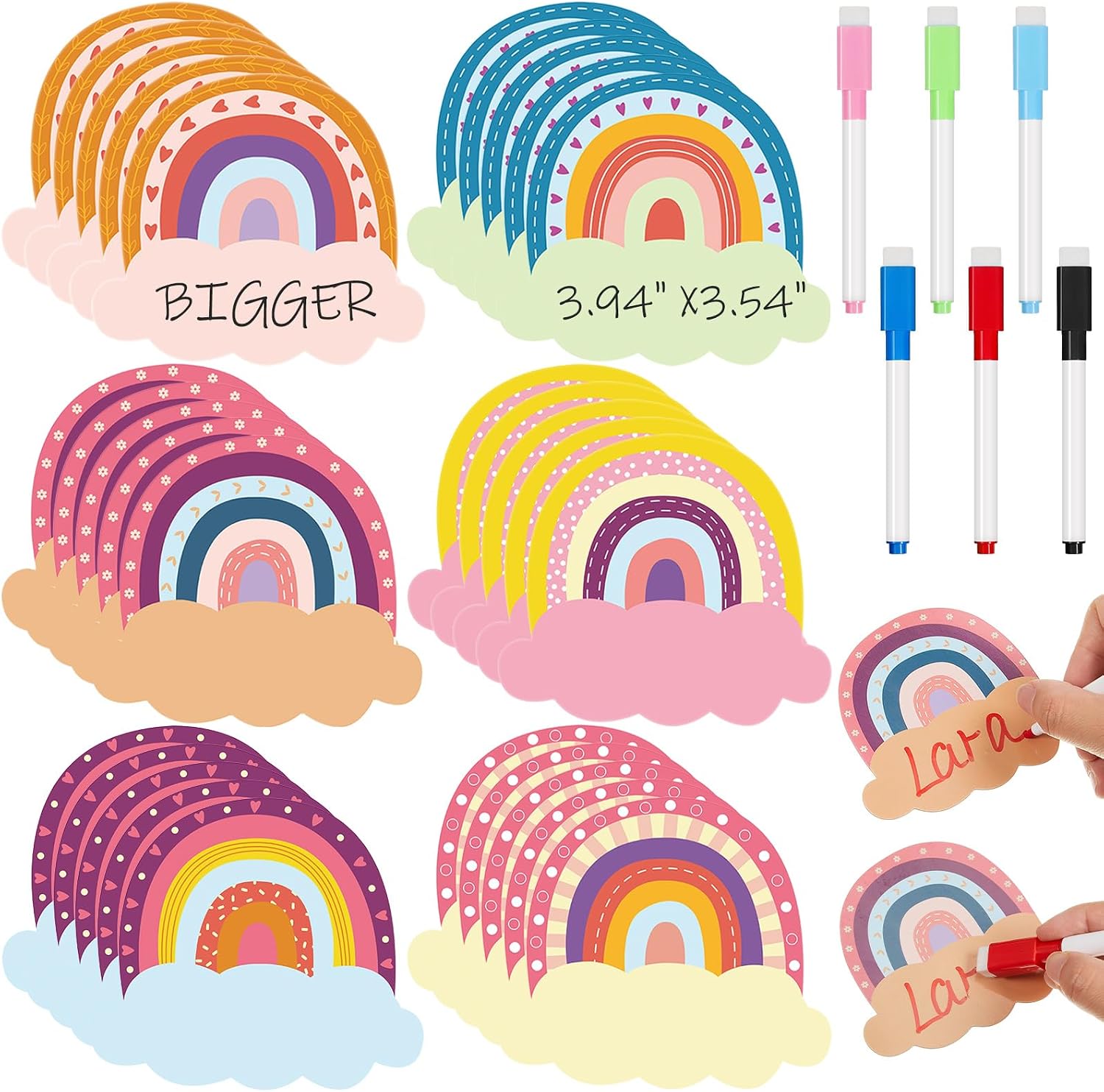 Henoyso 60 Pcs Large Magnetic Name Tag Plates for Classroom, Dry Erase Labels, Colorful Magnetic Reusable Name Tags in 6 Designs for Whiteboard Classroom School Bus Locker Fridge Home(Rainbow)
