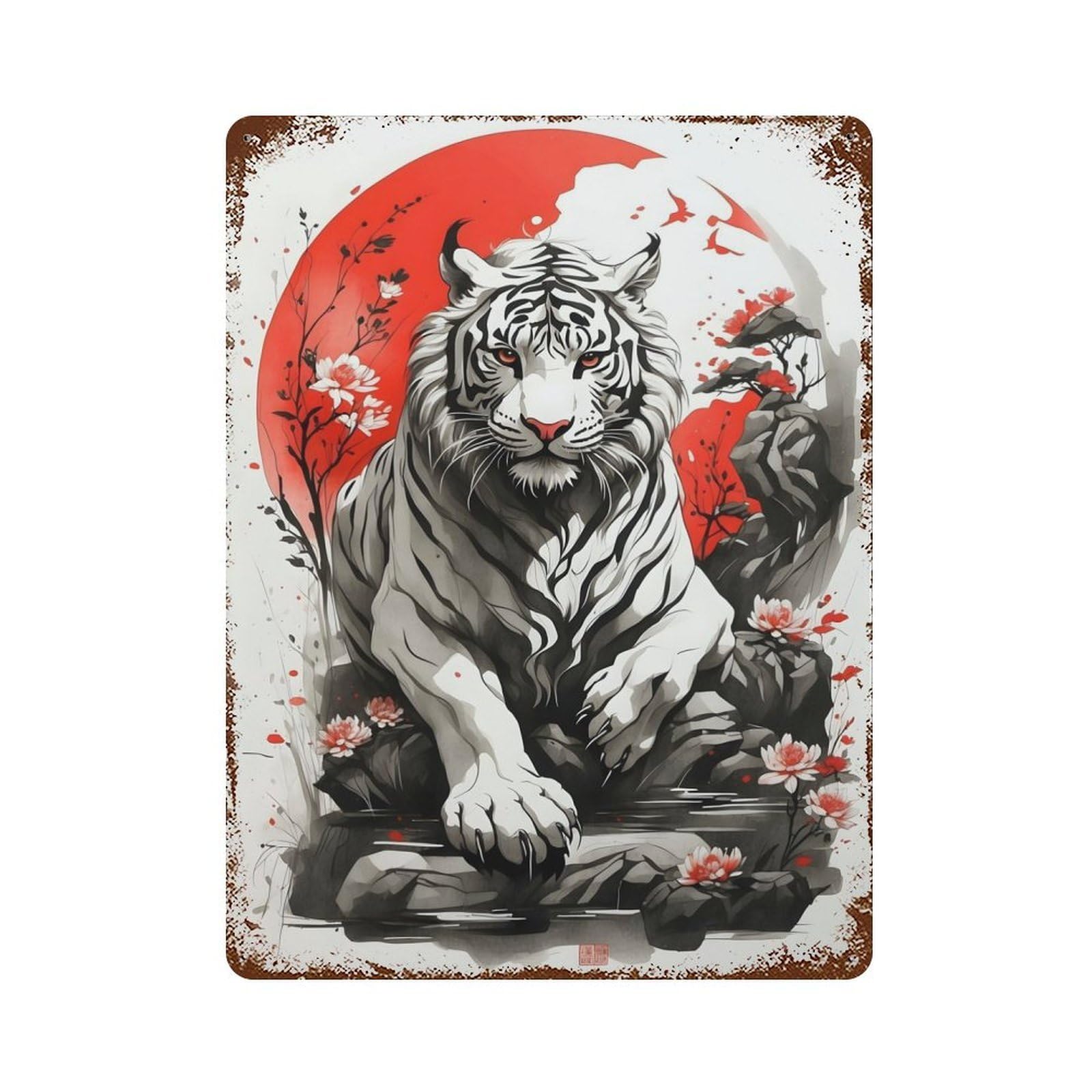 Rust Effect Japan Ink White Tiger Rusty Metal Tin Sign 15.7"x11.8", Farmhouse Wall Decor for Shed, Workshop And Garage Wall Decor