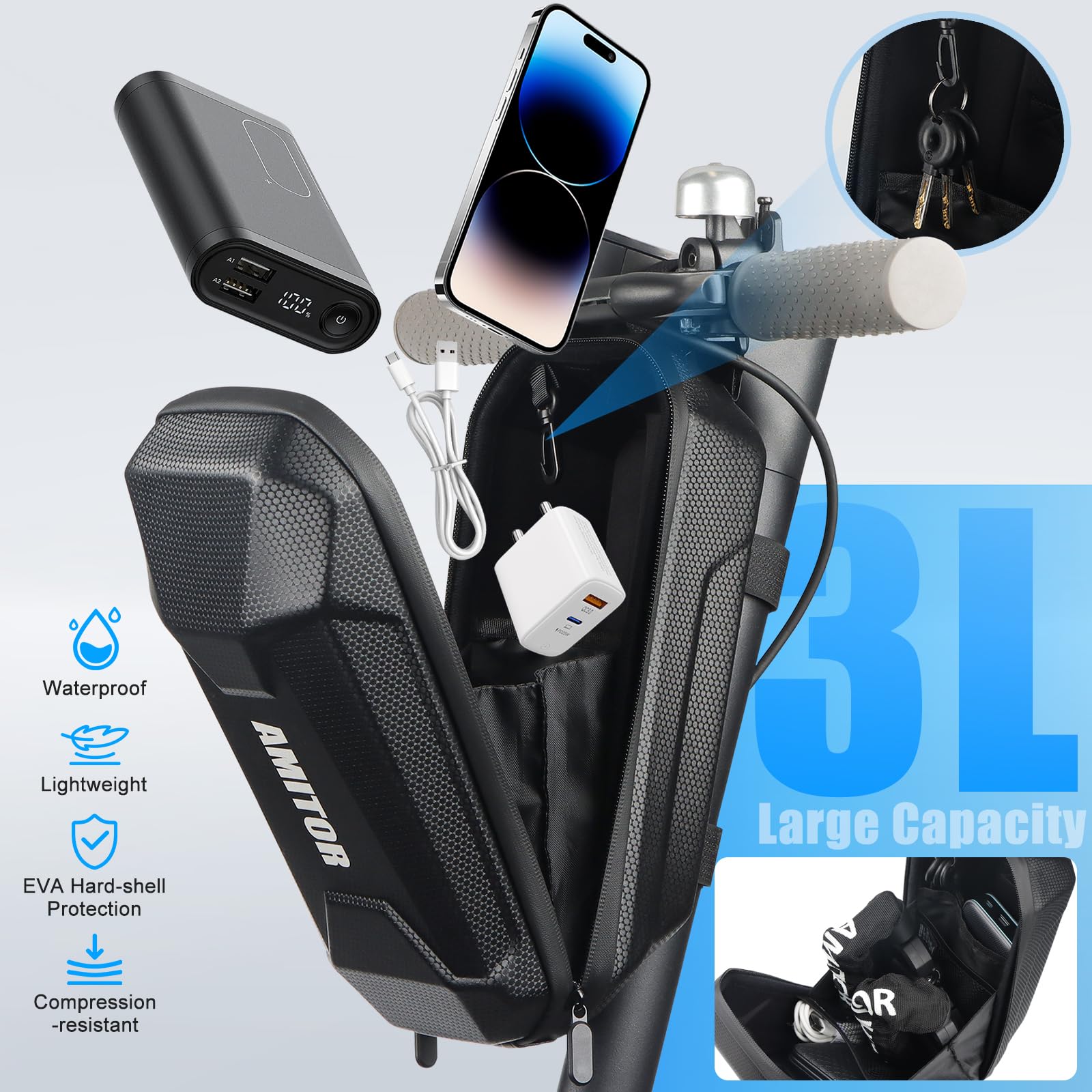 Serratura per scooter con chiave indistruttibile, ad alta sicurezza con borsa da 3 l, chiusura con chiusura a manetta con protezione in silicone, antifurto per bici e bicicletta
