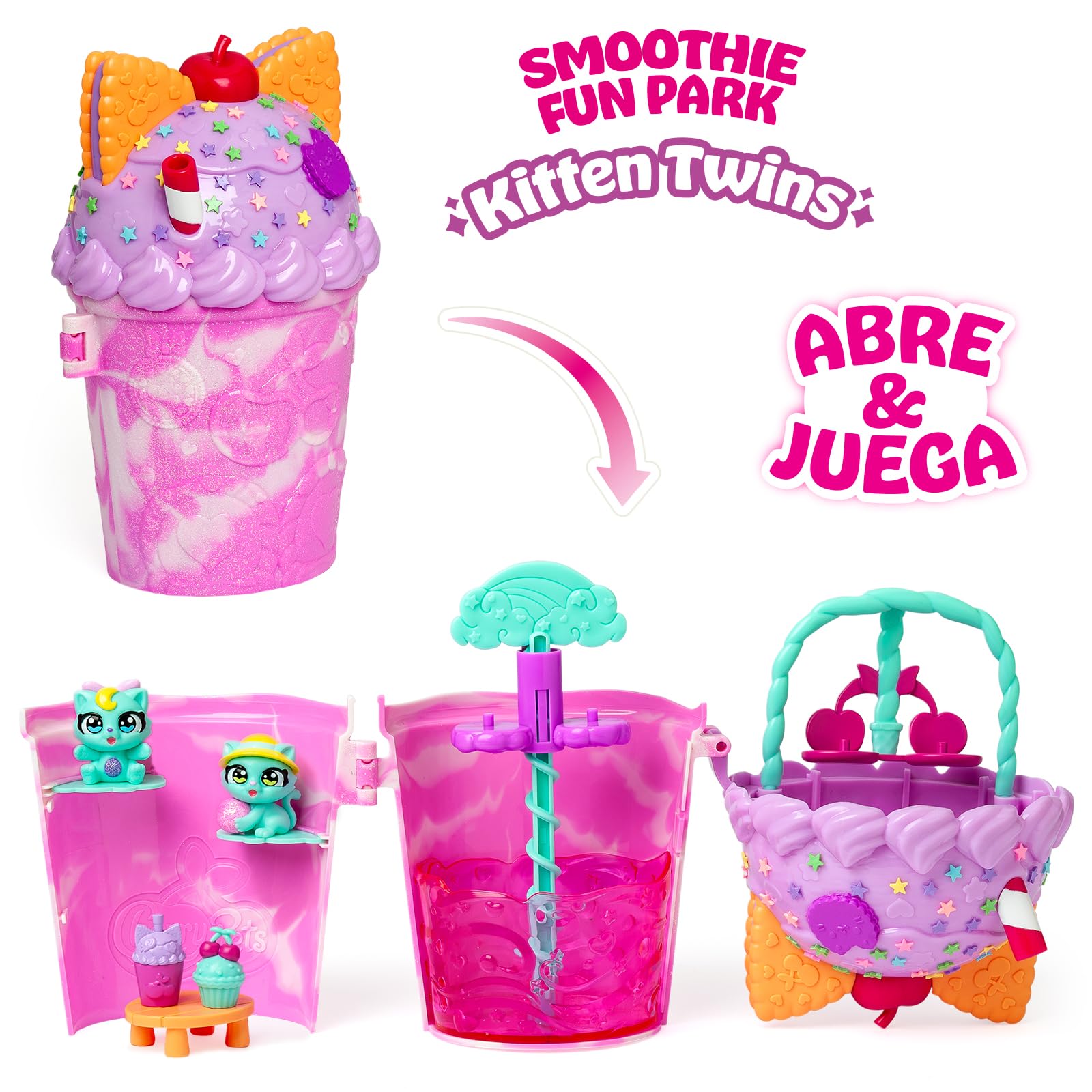 Cherry Pets – Smoothie Fun Park Kitten Twins. Casita con Parque de Atracciones en Forma de Smoothie: Incluye 1 Smoothie, 2 Figuras exclusivas “Color Reveal” y 3 Accesorios - 2