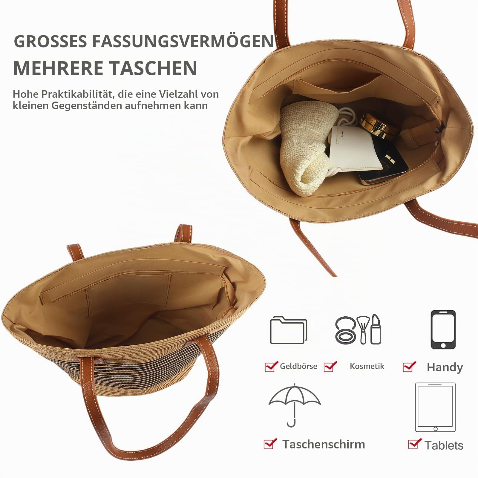 NICOLE & DORIS Stroh Handtasche Damen Strandtasche Groß Shopper Schultertasche Sommer Strandtasche Tote Bag Basttasche Gewebt Einkaufstasche für Strand Reise Coarse Stripes