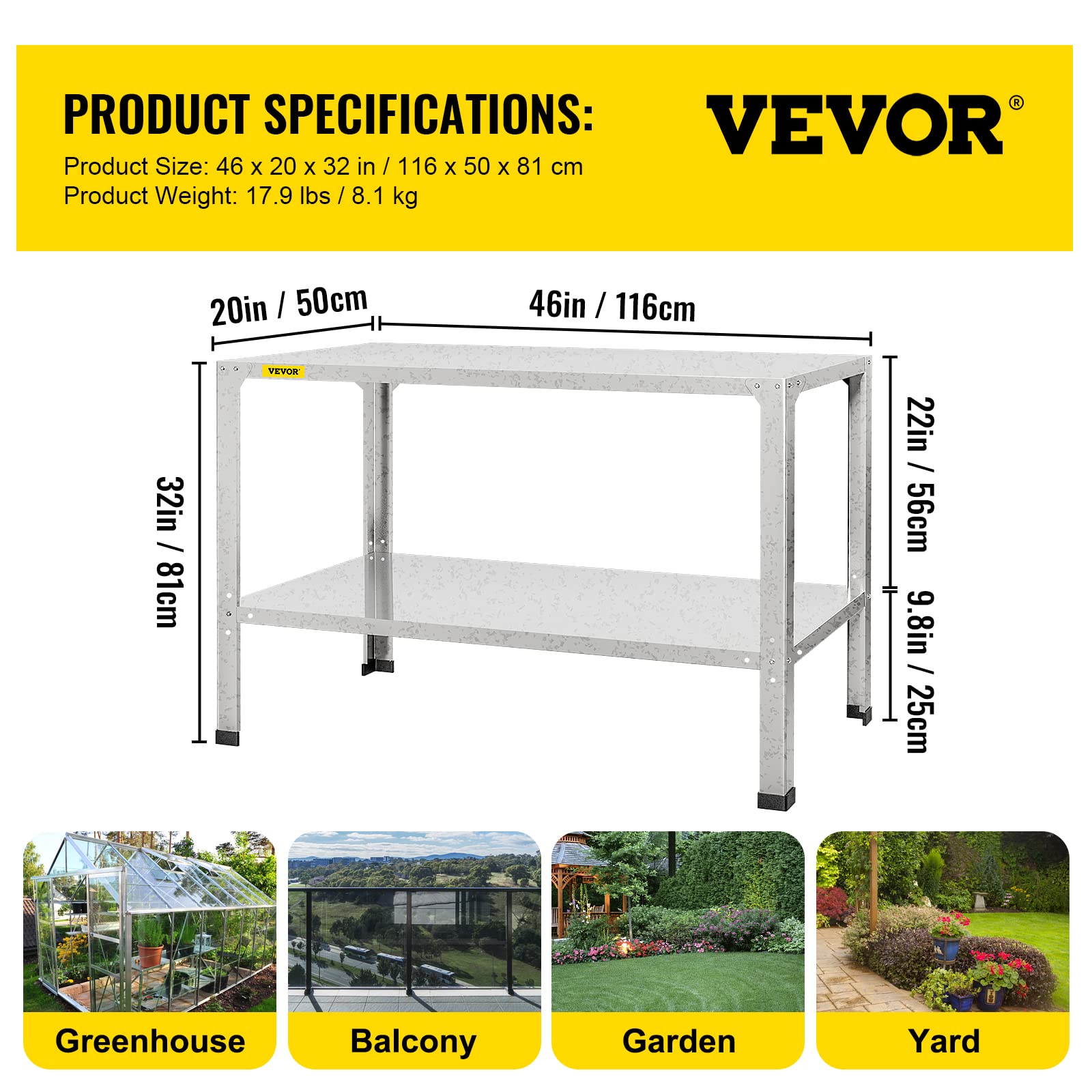 VEVOR Banco de Trabajo de Acero Galvanizado Estantería para Invernadero 2 Niveles Mesa de Plantación 116 x 50 x 81 cm Mesa de Germinación para Invernadero Balcón Terraza Patio Jardín Color Plateado
