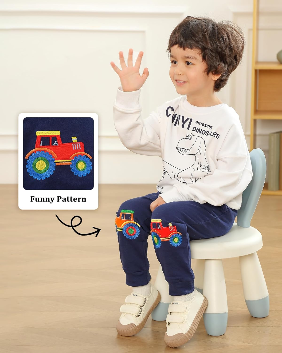 GFQLONG 3 Pack Baby Boy Drawstring Elastic Sweatpants,Toddler Cotton Dinosaur Active Jogger Pants with Pockets - Image 2