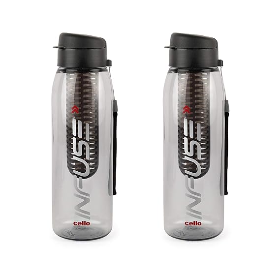 CELLO Infuse Water Bottle Set of 2, 800ml, Black | Food Grade Unbreakable Detox Bottle with Infuser Chamber | Reusable Leakproof Lightweight Easy to Carry Fridge Pet Bottle For Home, Gym & Outdoor