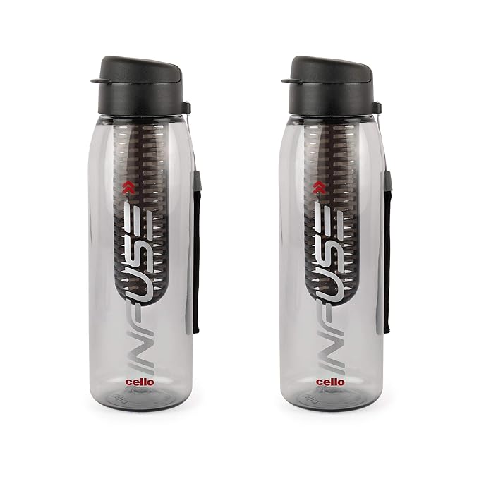 CELLO Infuse Water Bottle Set of 2, 800ml, Black | Food Grade Unbreakable Detox Bottle with Infuser Chamber | Reusable Leakproof Lightweight Easy to Carry Fridge Pet Bottle For Home, Gym & Outdoor