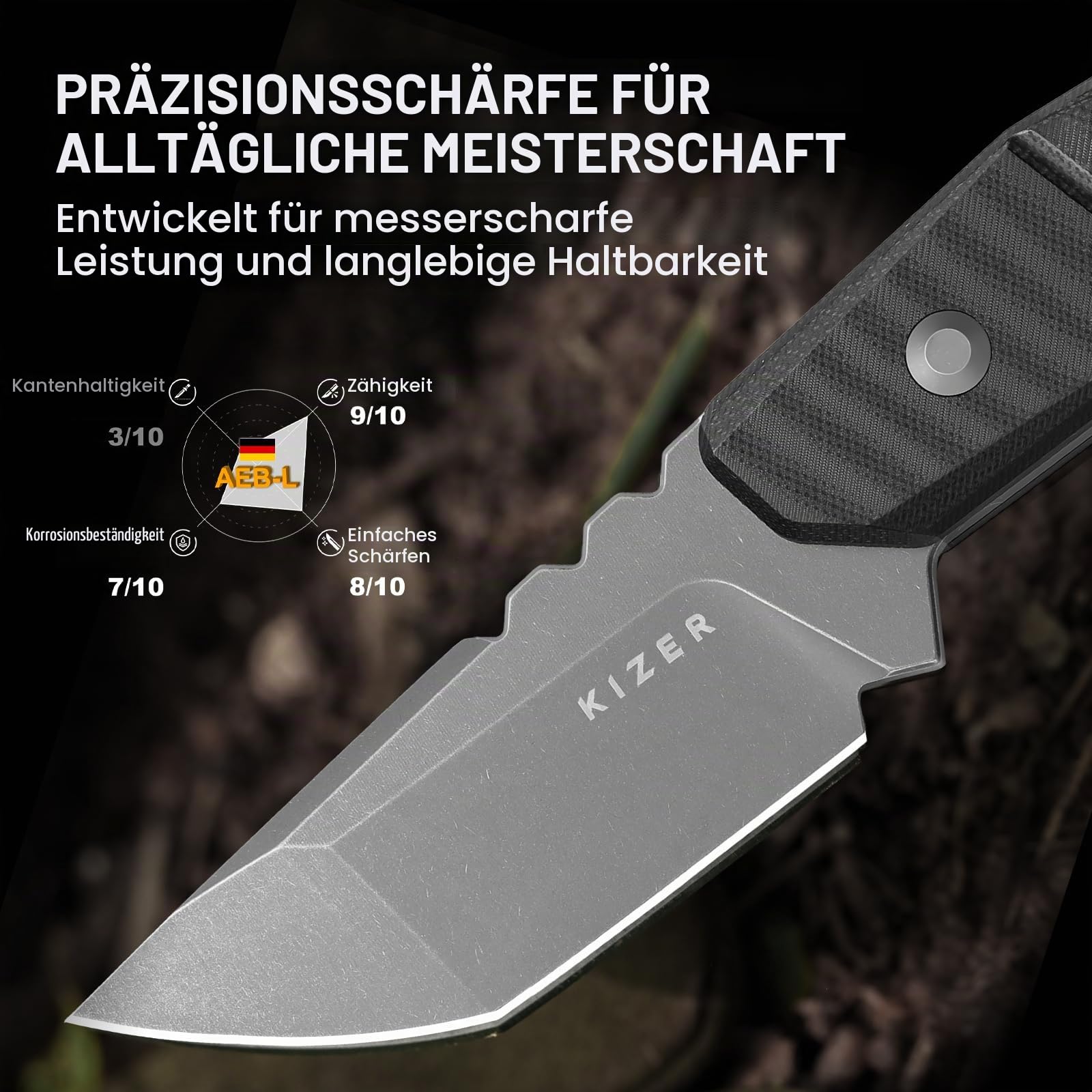 Kizer Quartz Survival Outdoor EDC Messer mit Tanto AEB-L Klinge, 1086A2 | 8cm Feststehende Klinge Jagdmesser mit Schwarzem G10-Griff, 3D-Anti-Rutsch-Riffelung Bushcraft Messer mit Kydex-Scheide