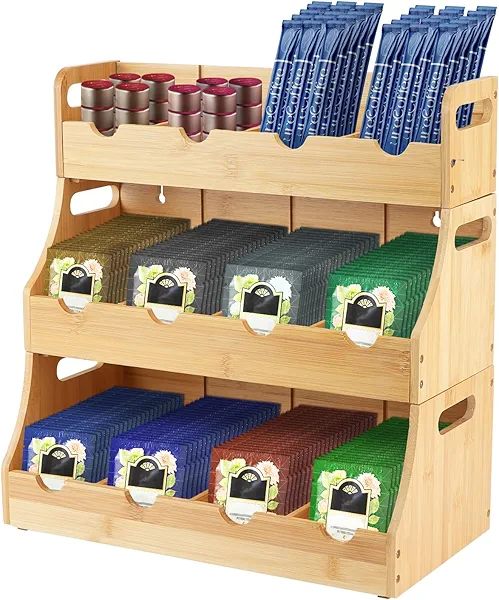 SHAIDOJIO Bamboo Tea Bag Organizer, 3-Tier Tea Holder Storage Box for Countertop, Stackable Teas Rack with 12 Compartments, Teabag Chest Coffee Station for Office Kitchen Cabinet Pantry