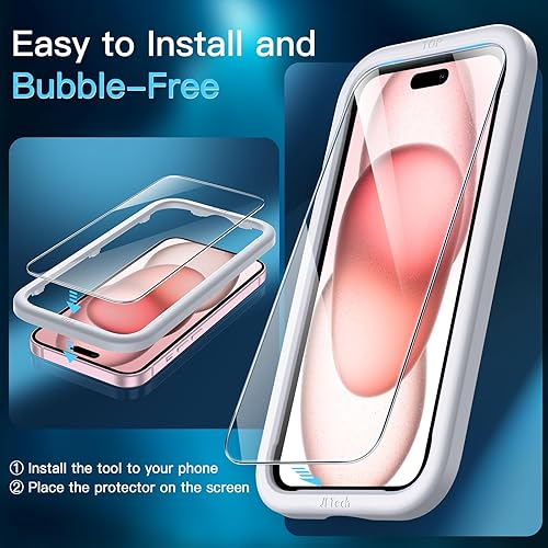 Miniatura 4 de JETech Protector de pantalla para iPhone 15 de 6.1 pulgadas con protector de lente de cámara, sin burbujas, herramienta de fácil instalación,