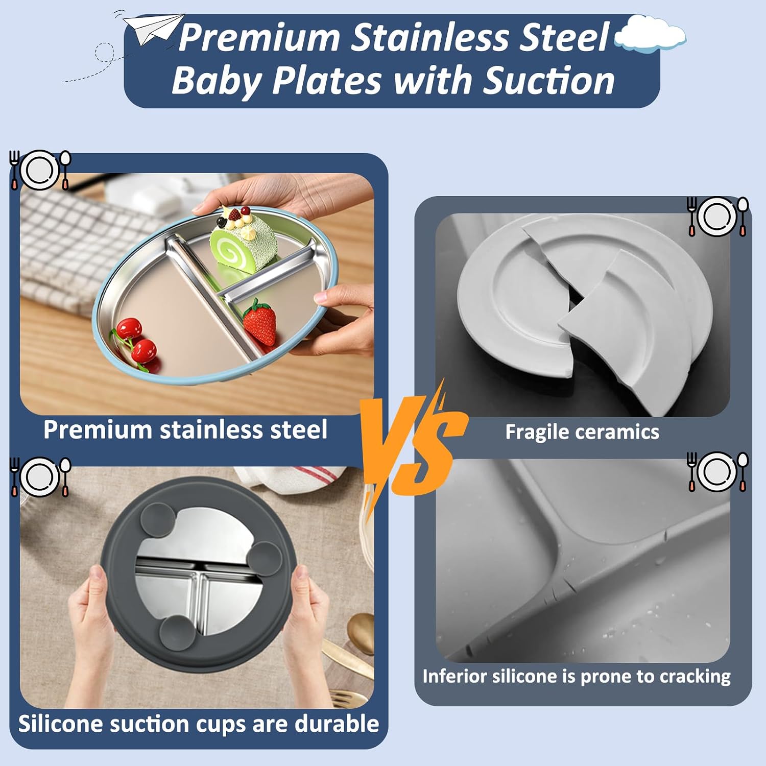 Stainless Steel Kids Plates with Suction, 9 Inch Unbreakable & Anti-Slip Silicone Base, Baby Plates for Highchair, Daycare & Travel, Toddler Plates (3, Light blue+Dark gray+Beige)