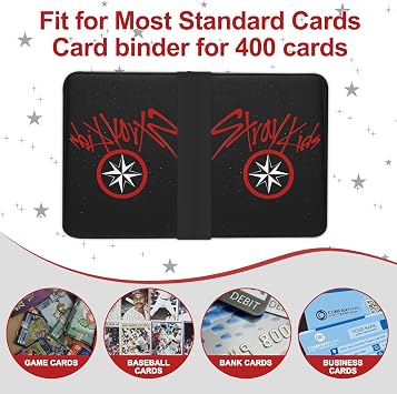 Stray Kids Photocard Binder 400 Pockets, 3 Ring Kpop Binder with 4 Pockets, Total 50 Pages, Cute Cartoon Card Collector, Idol Photo Album for Kpop Fans, Boys and Girls, Black