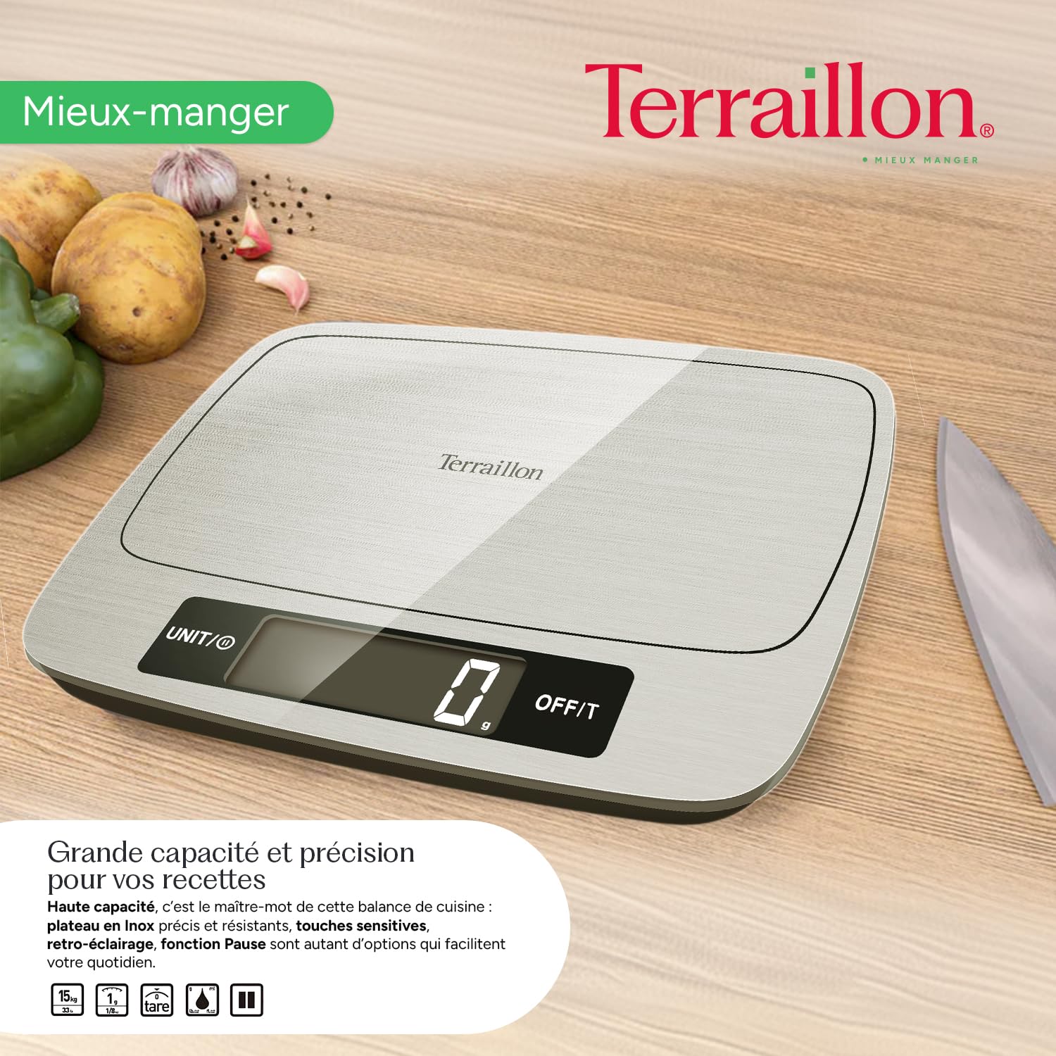 Terraillon - MyCook 15 - Balance de cuisine - Tare - Conversion Liquides - Revêtement anti-trace - Fonction Pause - Capacité 15 kg