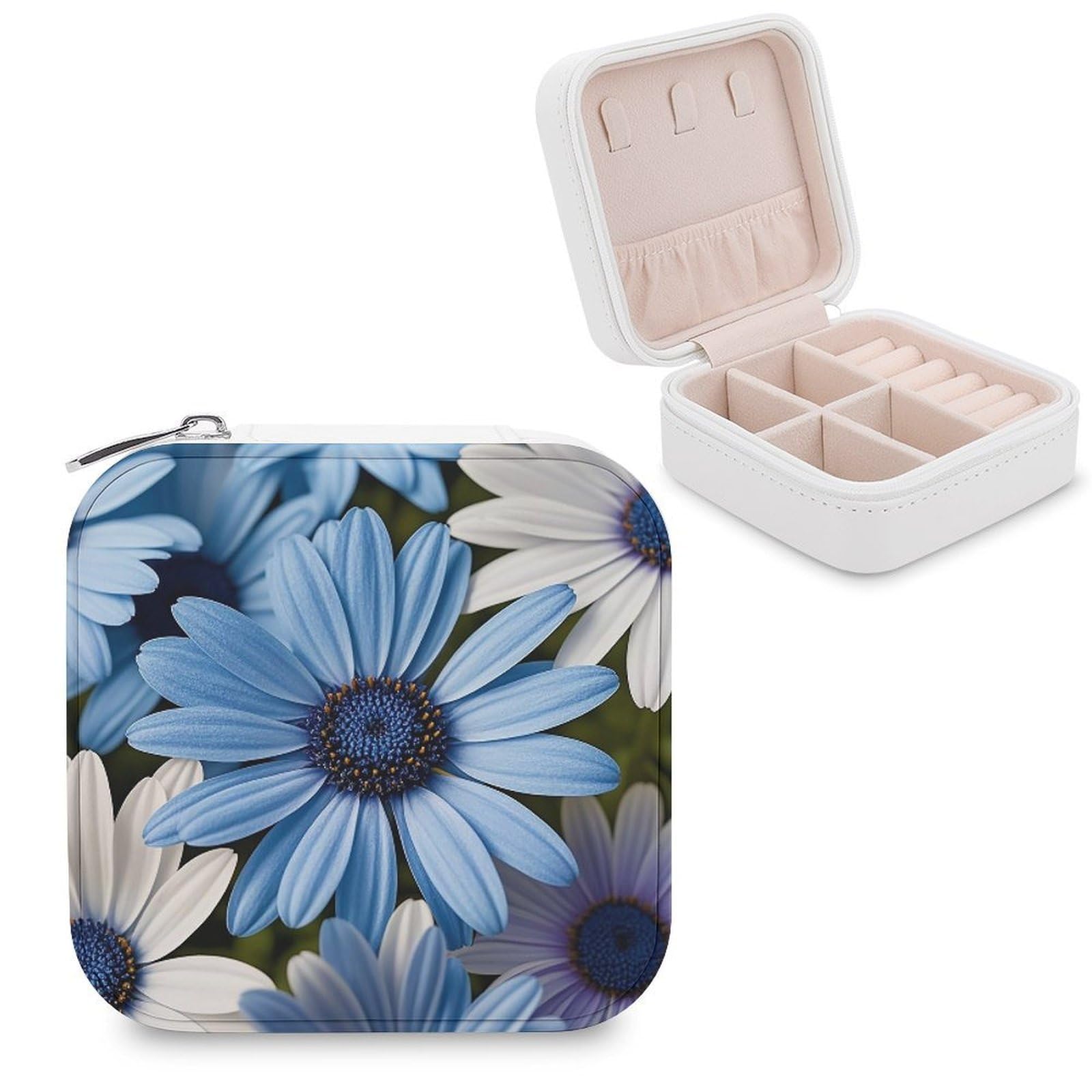 LZQPOEAS Blooming Blue Daisy Jewelry Box Mini Jewelry Travel Case Trendy Stuff Ring Box Custom PU Leather Jewelry Boxes Portable Jewelry Case Earring Storage Organizer for Girls Women