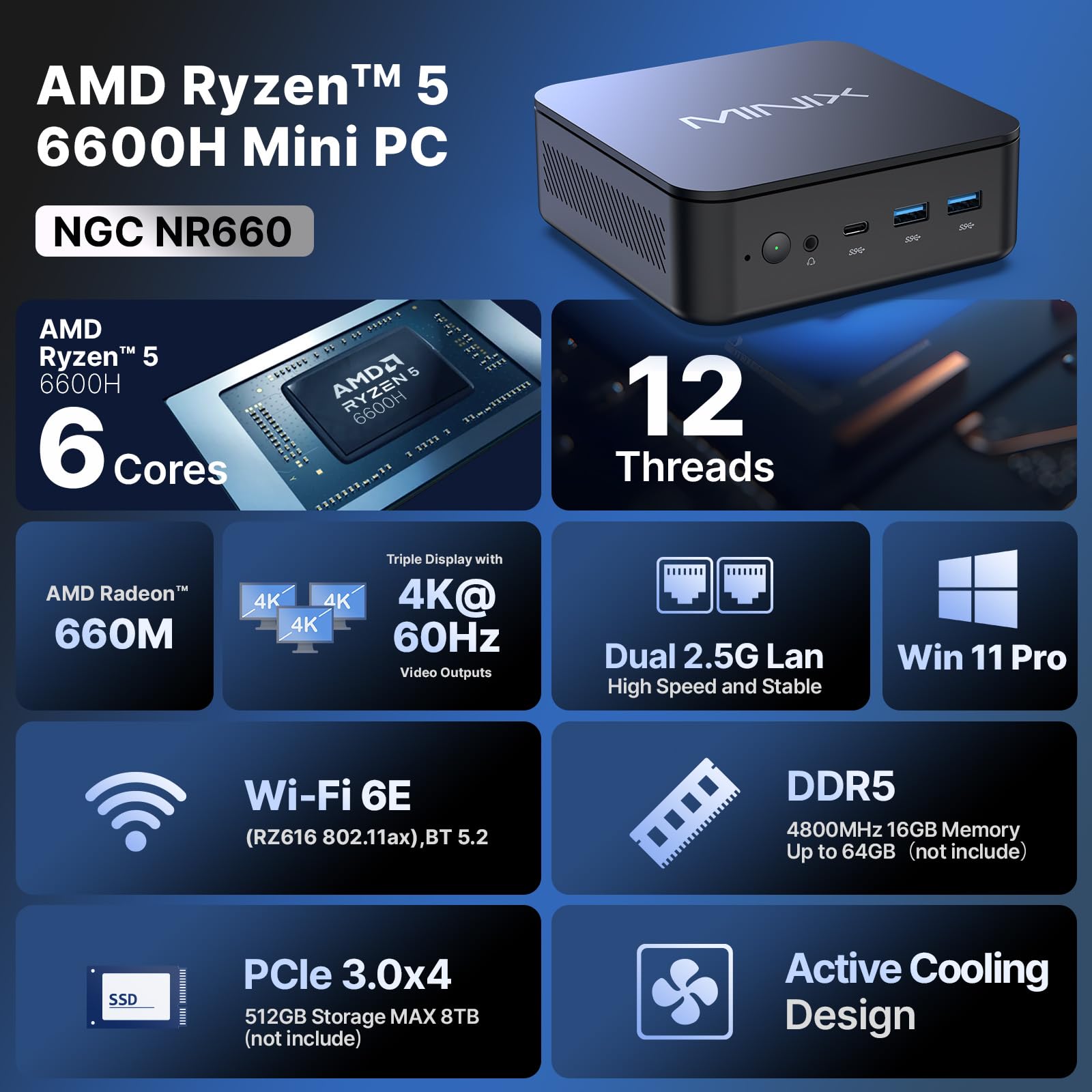 Amazon.com: MINIX NGC-NR660 Mini PC, AMD Ryzen 5 6600H, 16GB DDR5