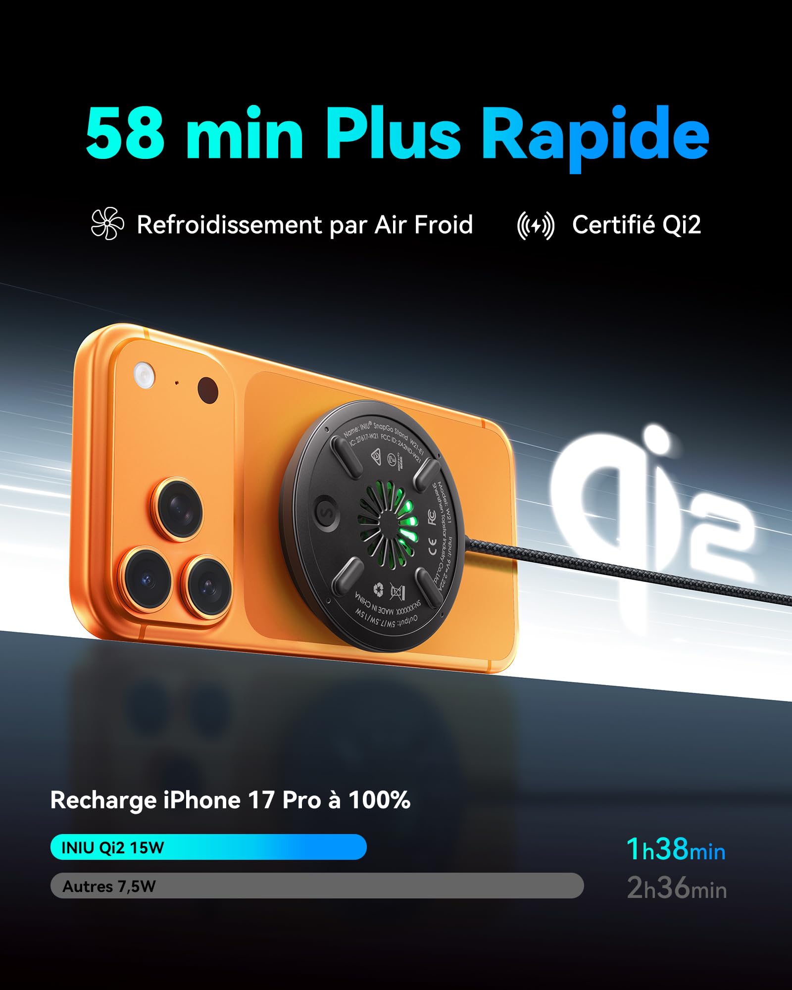 INIU Chargeur Induction iPhone, 15W Certifié Qi2 Chargeur Sans Fil Magnétique avec Refroidissement, Charge Rapide Mag-Safe pour iPhone 17 16 15 14 13 12 Pro Max AirPods 4 3 (avec Adaptateur USB C 20W)
