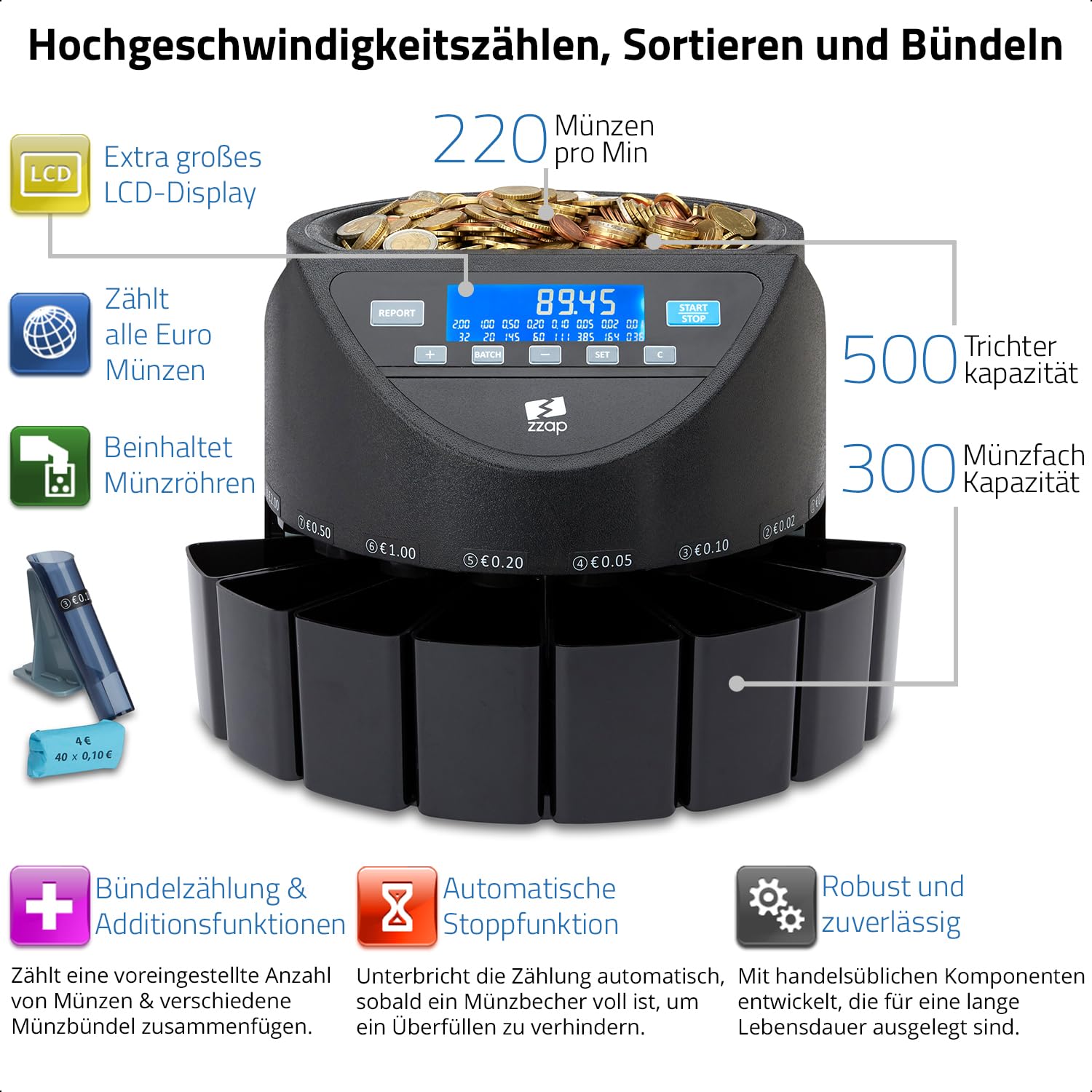 ZZap CS20+ Automatischer EURO Münzzähler & -sortierer - Geldzählmaschine Münzzählautomat Geldzähler