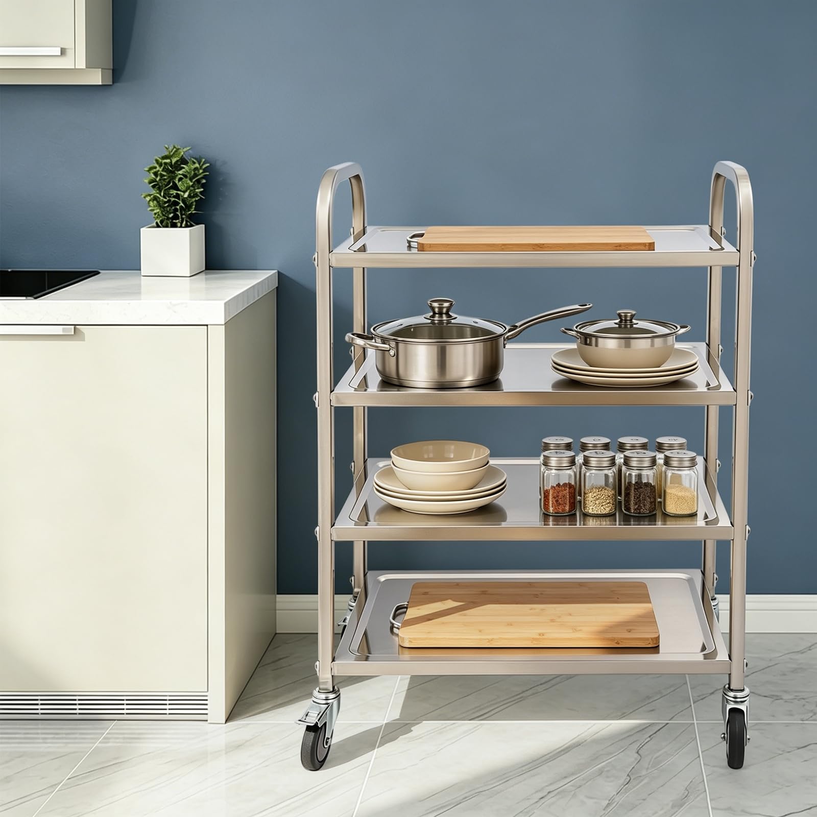Carrello da portata in acciaio inox con 4 ripiani, carrello da