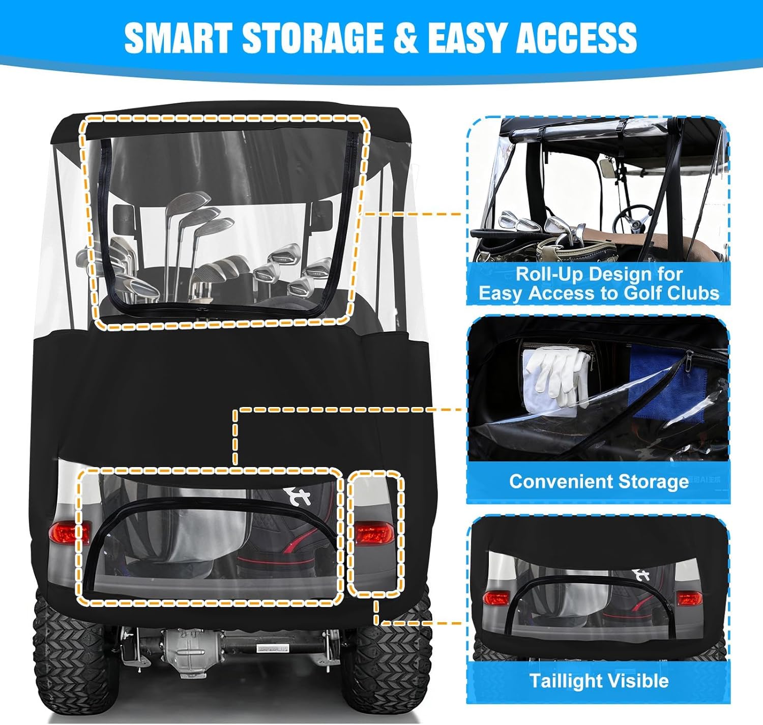 iLSKW Golf Cart Driving Enclosure 2 Passenger Only for Club Car Precedent 2004-Up, Tempo & Onward 2017-Up Cart with Roll Up Door Zipper Design, 4-Side Clear Windows 600D Heavy Duty Rain Cover