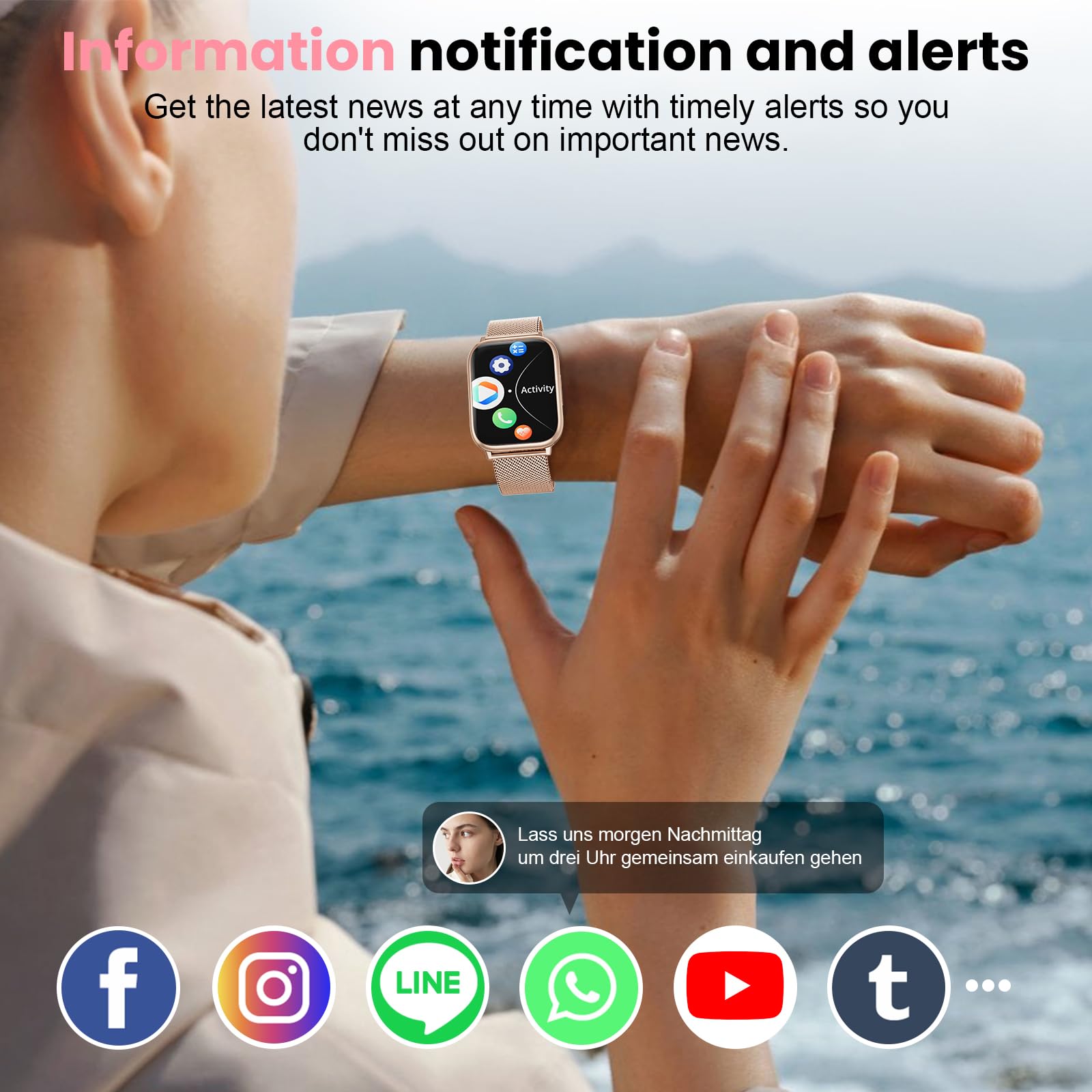 Loekneue Smartwatch Donna con Chiamate Bluetooth 5.3 1.83" Orologio con Sonno del Monitor Della Frequenza Cardiaca SpO2 Ciclo Mestruale IP68 di Fitness Pedometro Android IOS (Oro rosa)