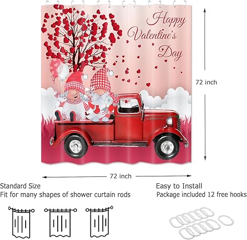 Miniatura 5 de Cortina de ducha para el día de San Valentín, gnomos románticos, corazones rojos, árbol de amor, camión, globo, lindo San Valentín, pareja,