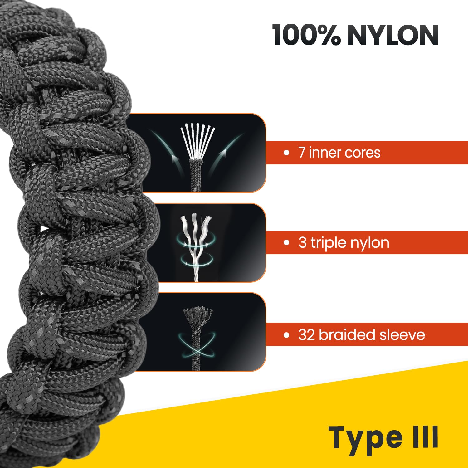 Corda Paracord 550 Riflettente Brotree - 15m, 4mm, Resistenza 250kg Per Campeggio E Sopravvivenza