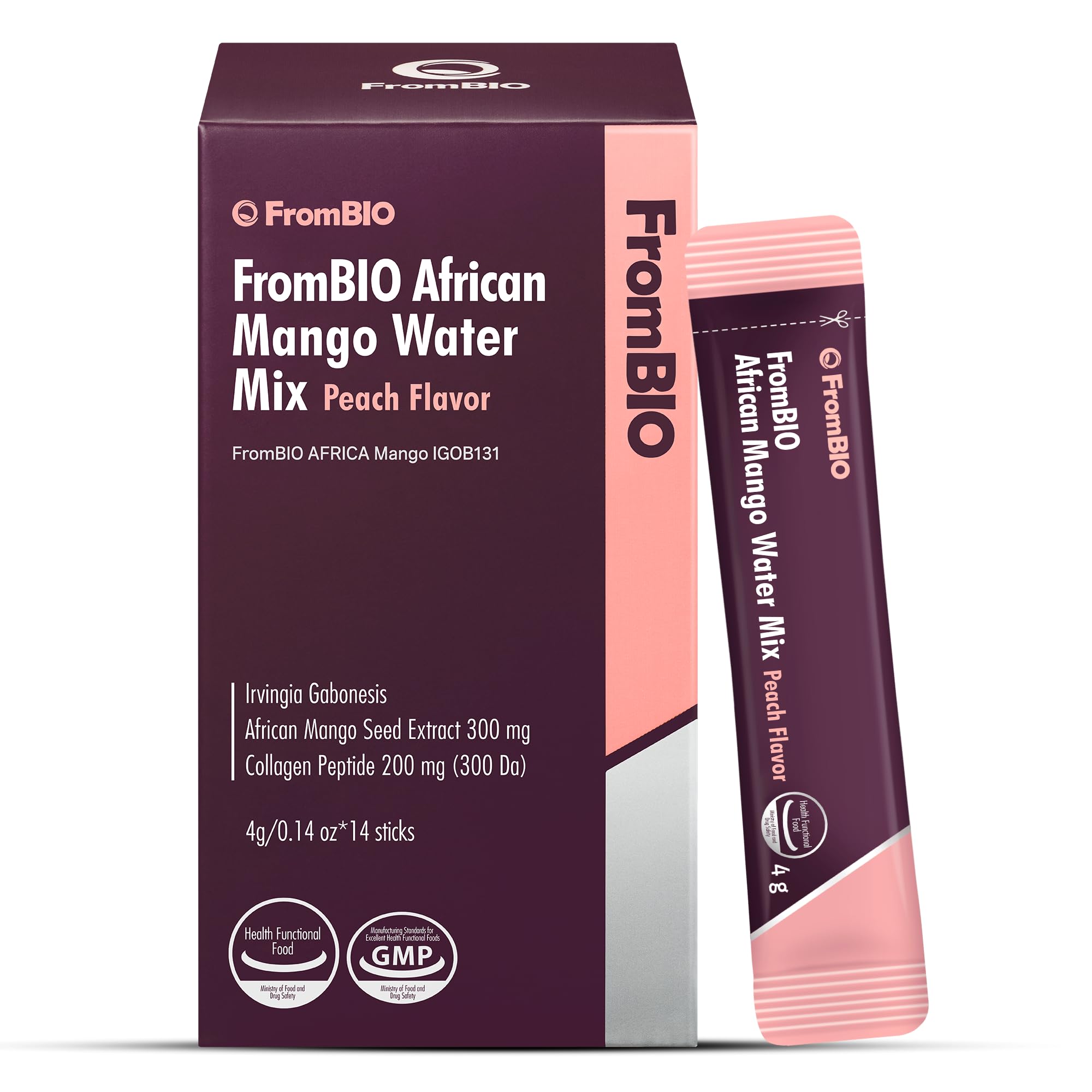 FromBIO African Mango Water Mix Peach Flavor 14 Sticks Irvingia Gabonesis Seed Extract 300mg Sugarfree Korean Drink Flavoring Packets for Wellness & Beauty Marine Collagen Peptides