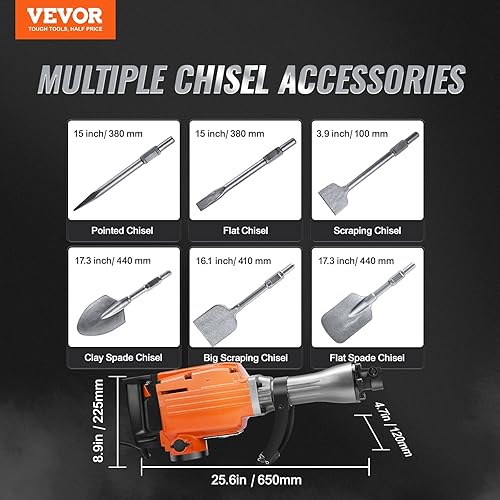Miniatura 7 de VEVOR Martillo de demolición Jack, MAX 2200 W martillo eléctrico resistente, rompedor de concreto de 1350 BPM, 6 piezas de cinceles con estuche