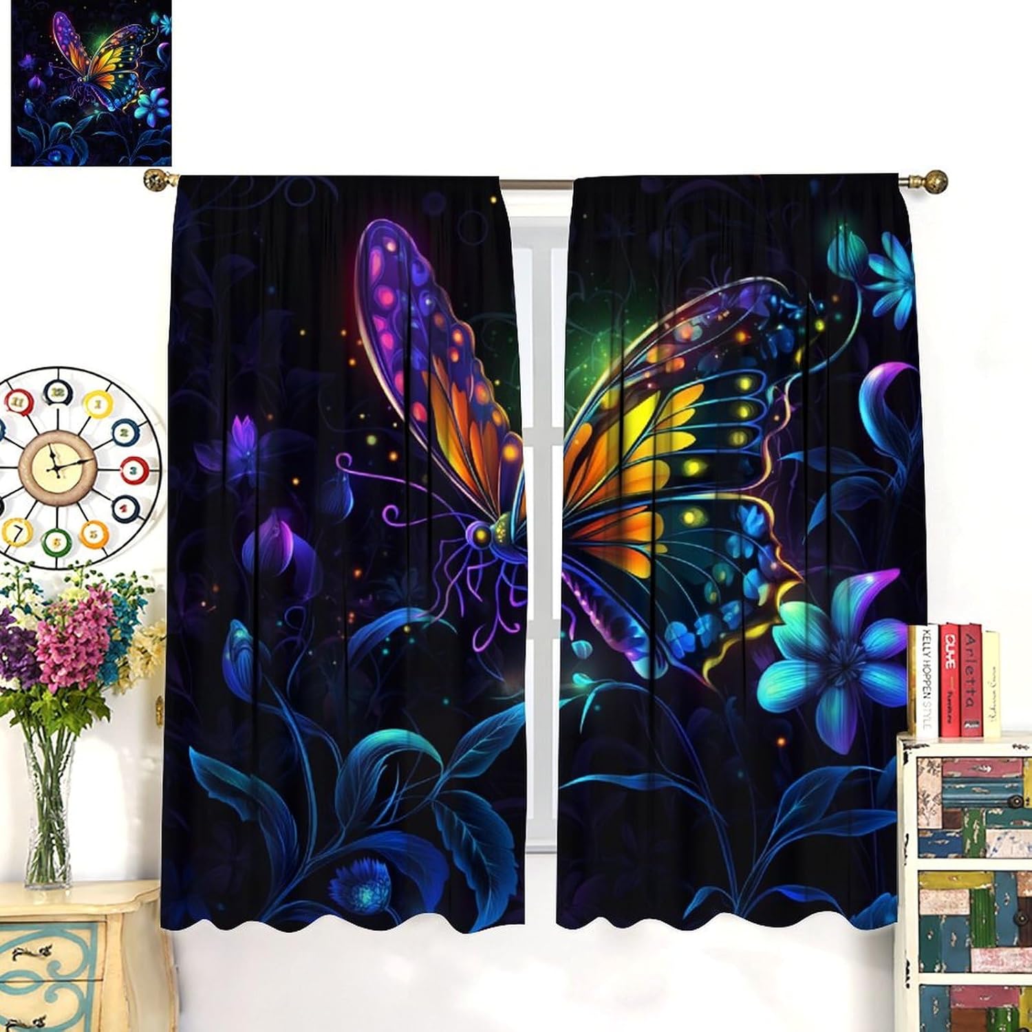 Mystical Starry Garden Blackout Curtains for Bedroom Living Room, Rod Pocket Butterfly Floral Fantasy Curtains Thermal Insulated Window Drapes 2 Panels, Each 21W x 54L