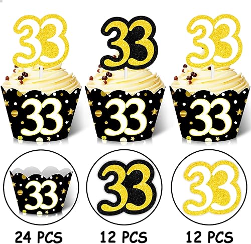 Miniatura 2 de 24 decoraciones para cupcakes de postre, 24 unidades, envoltorios de cupcakes, alegrías a 33 años, suministros de decoración temática para hombres y