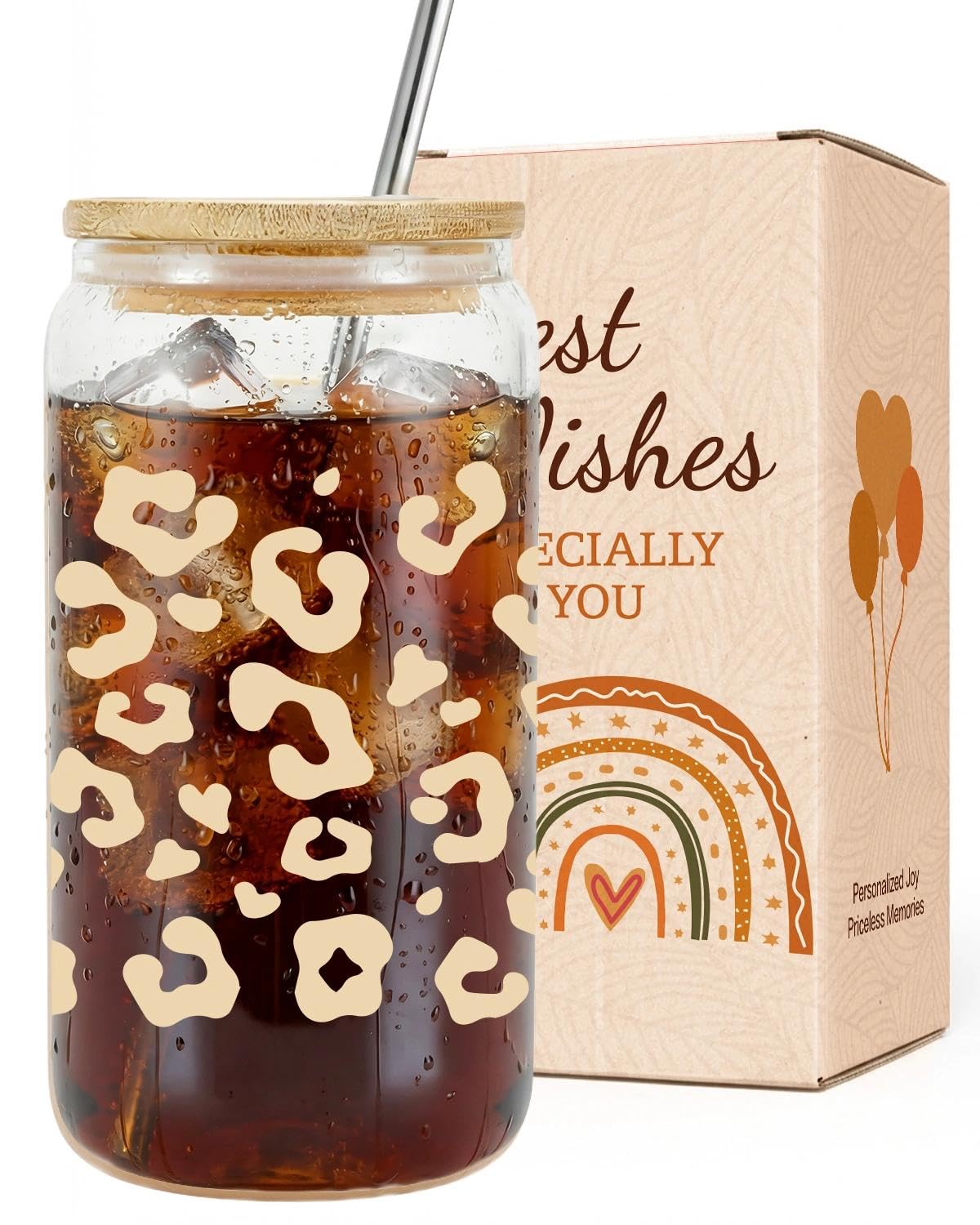 VivaJoy Gifts for Women Leopard Print Soda Can Glass with Bamboo Lid Straw, Reusable Cup for Iced Coffee Juice Smoothies Cocktails, Cute Drinkware Present for Her
