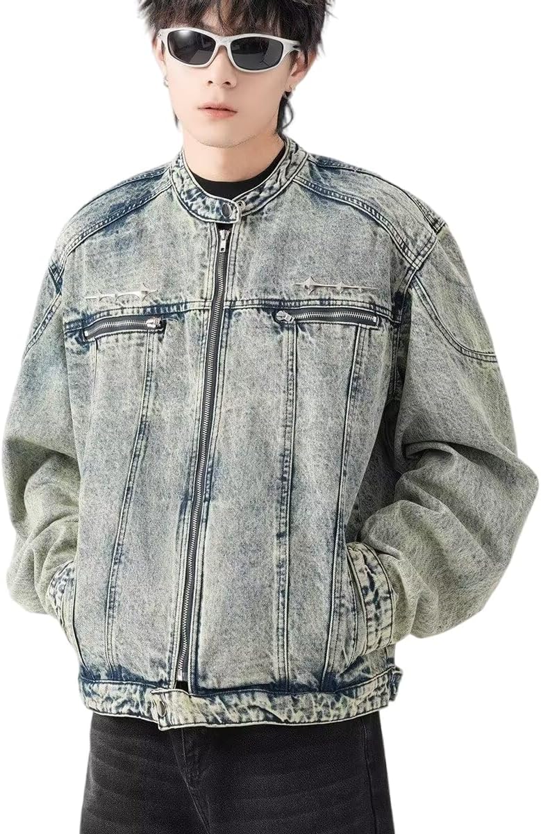 MLAFE Y2K Mens Jeans Jacket, Harajuku Style Vintage Washed Trucker Jacket, Stand Collar Zip Up Retro Coat Streetwear Fashion