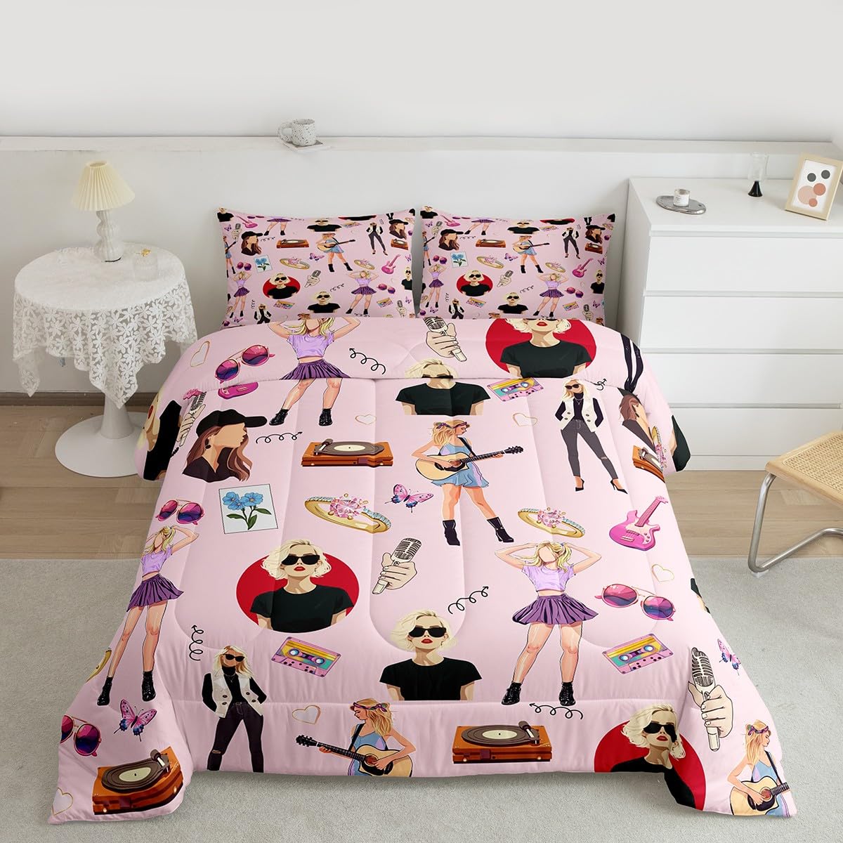 jejeloiu Music Bedding Set Queen Size Girls Singer Comforter Gifts for Women Music Lovers Girly Guitar Comforter Set Coworker Sister Friends Bed Set