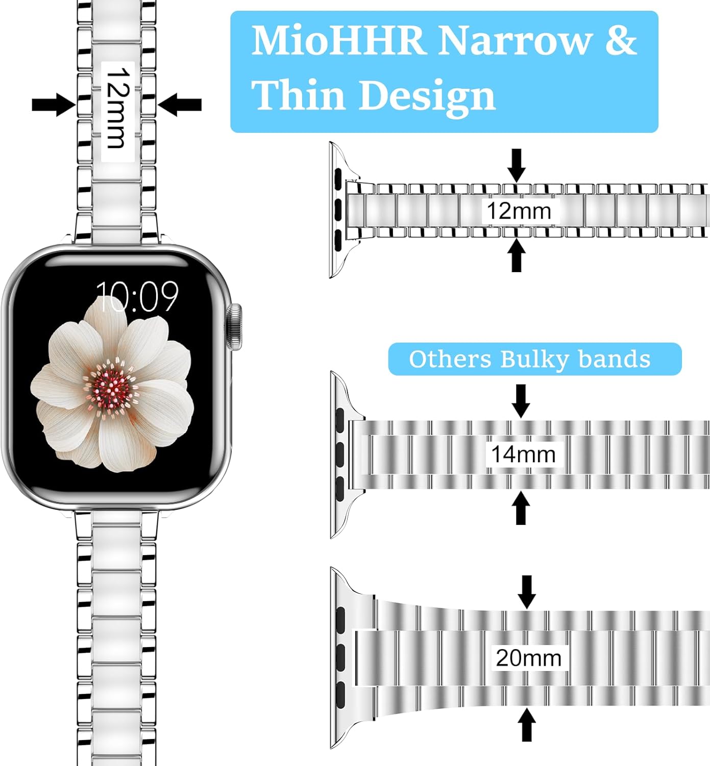 MioHHR Thin Metal Bands Compatible with Apple Watch Band Ultra3/2/1 Series 11 10 9 8 7 6 5 4 3 2 1 SE3/2/1,Slim Narrow Stainless Steel Strap for Women iWatch 49mm 46mm 45mm 44mm 42mm 41mm 40mm 38mm - Image 2