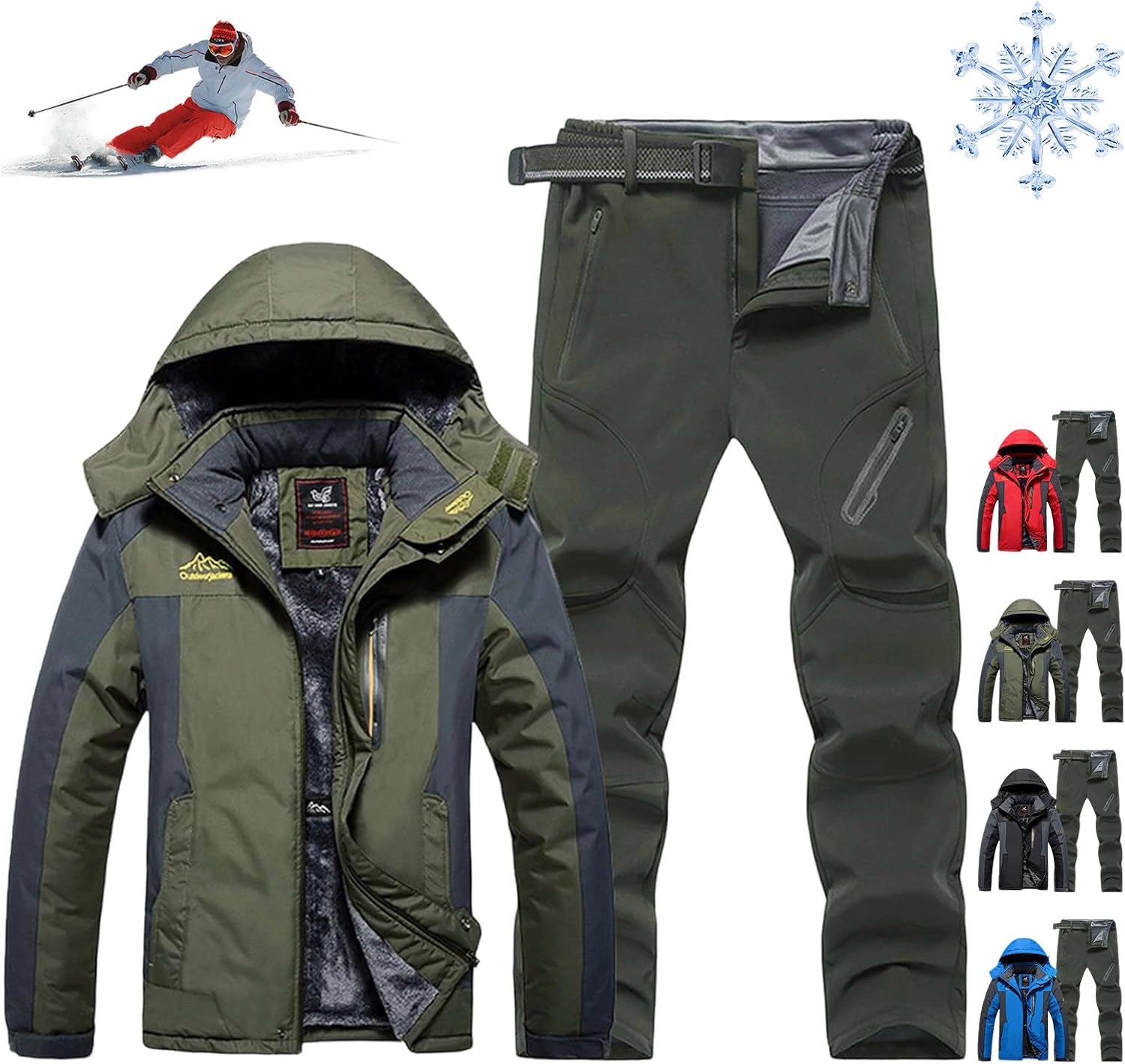Men's 2-Piece Ski Suit, Waterproof Insulated Snow Jacket and Pants Set, Warm Winter Snowsuit Snowboarding Fishing