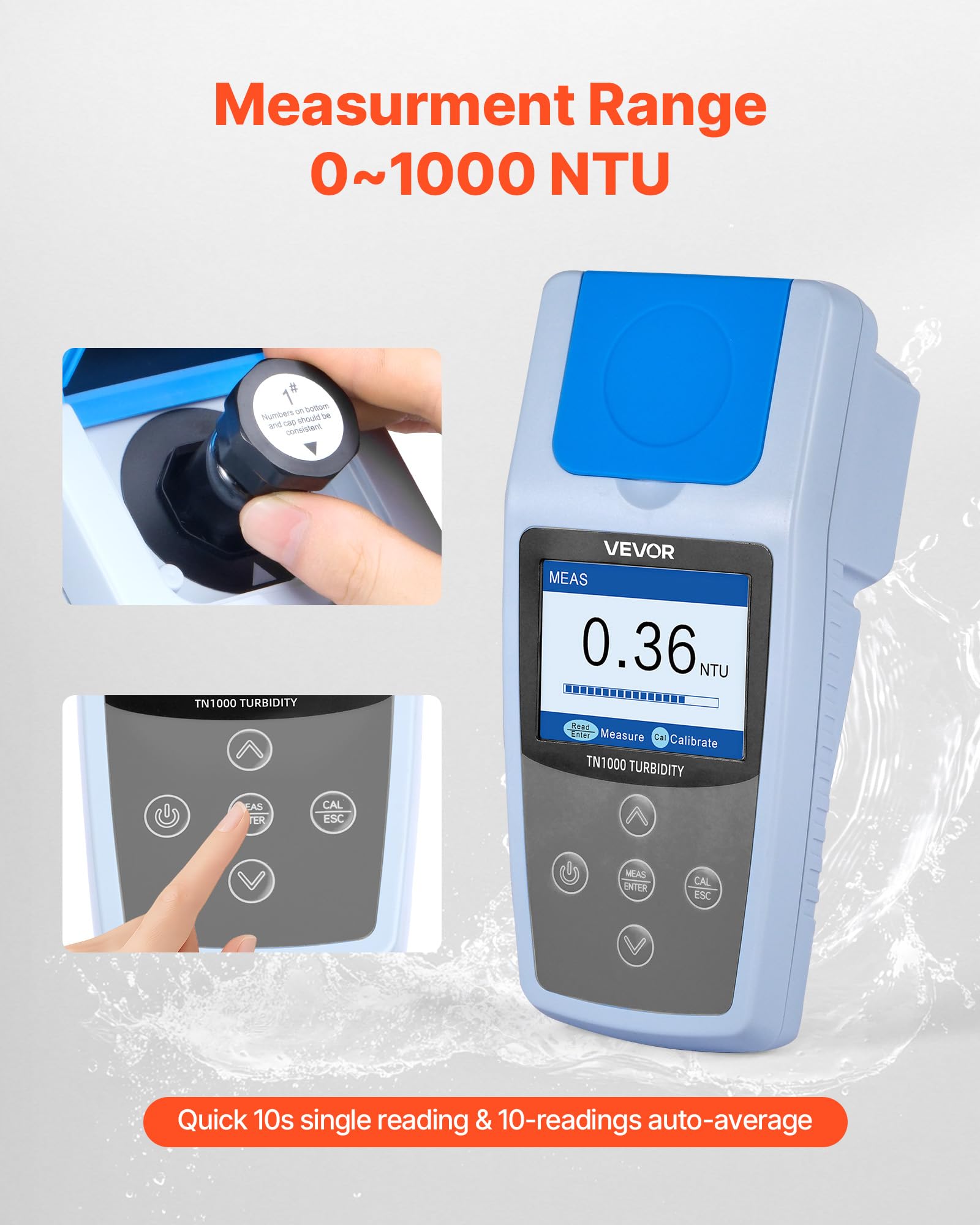 VEVOR Trübungsmessgerät Messbereich 0–1000 NTU, ISO 7027-konform, tragbarer Turbidimeter, schnelles Ablesen, mit Kalibrierlösungen & Probenfläschchen & Tragetasche, für Feld und Anlage